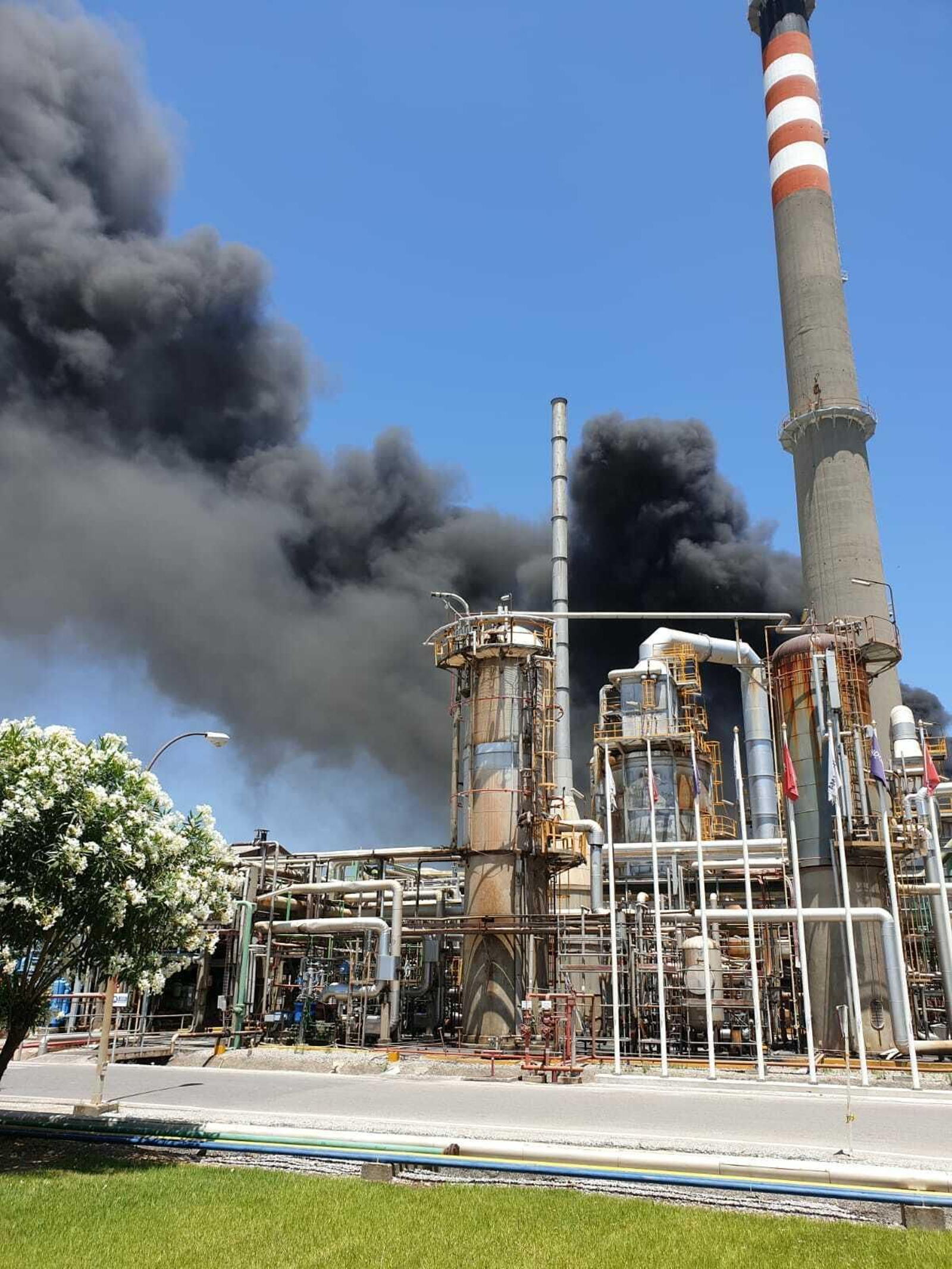 Una columna de humo sale del interior de la fábrica de Indorama, en San Roque.