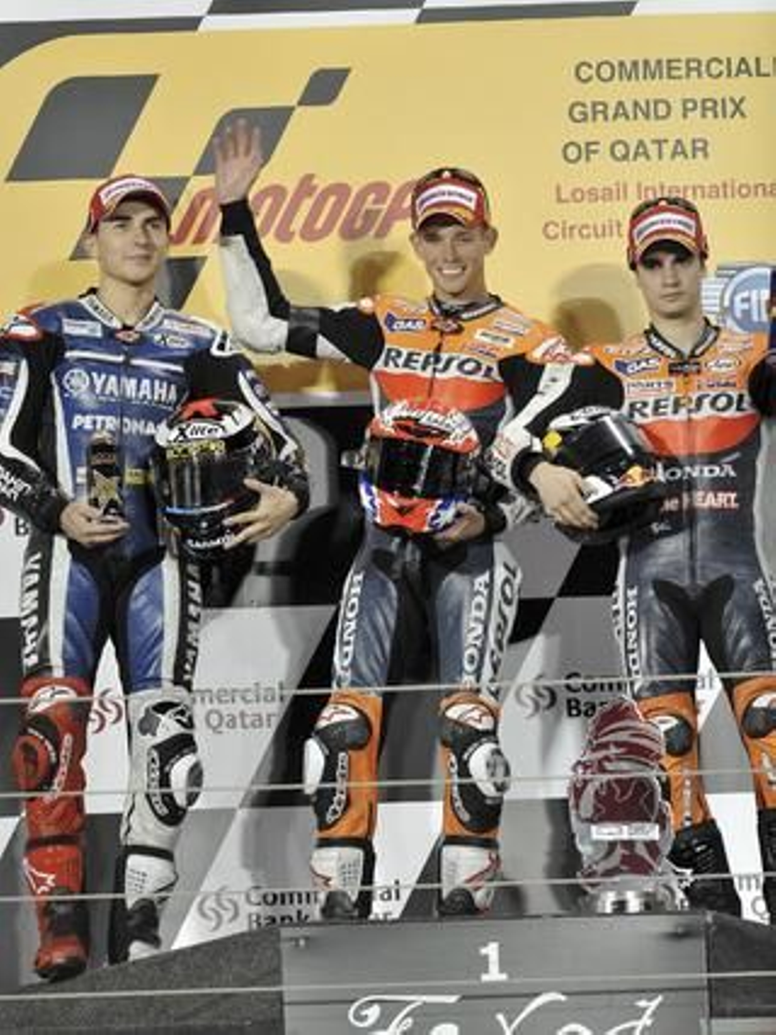 Jorge Lorenzo, Casey Stoner y Dani Pedrosa en el podio del GP de Qatar.

Foto: Efe