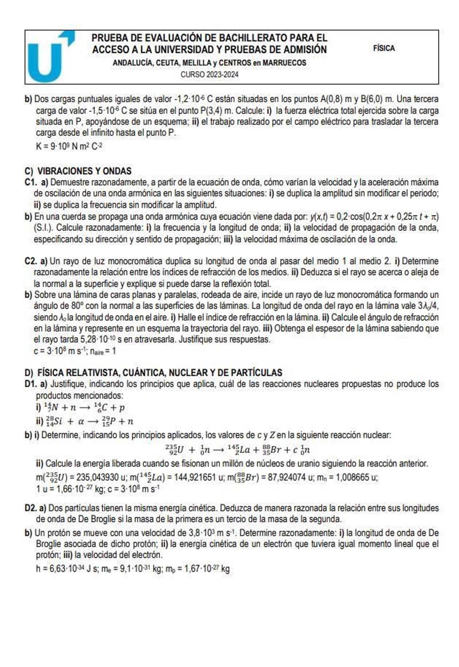 Bloques C y D del examen de Física