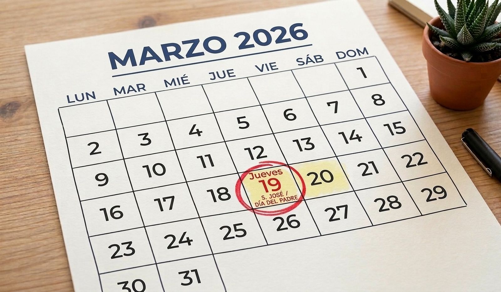 Calendario del mes de marzo de este 2026.
