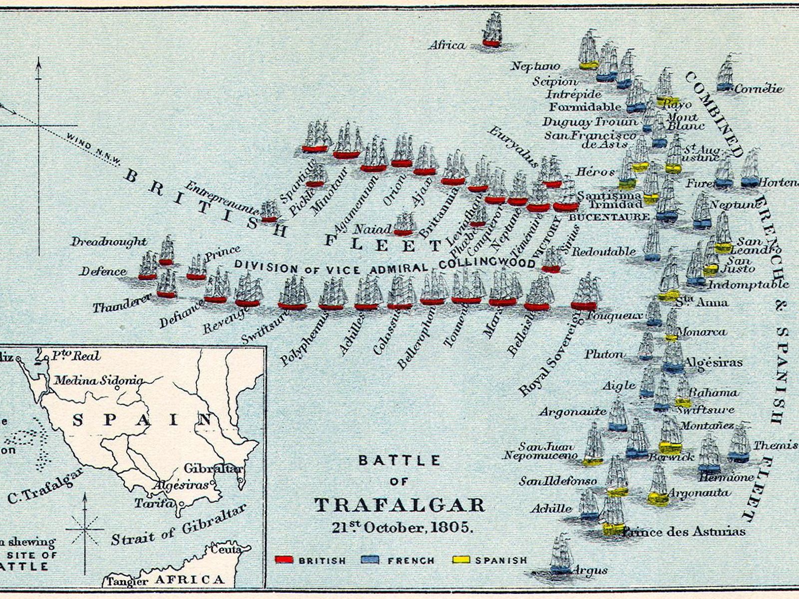 División de las armadas en la batalla de Trafalgar. Dibujo de Alexander Keith Johnston.
