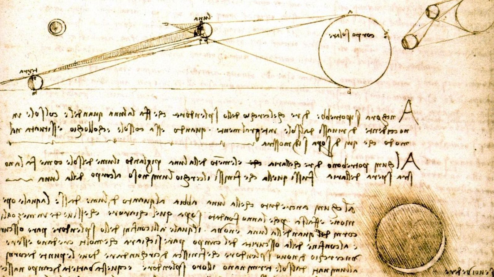 Fragmento del Códice Leicester (también conocido como Códice Hammer) donde Leonardo da Vinci describe el fenómeno de la luz cenicienta