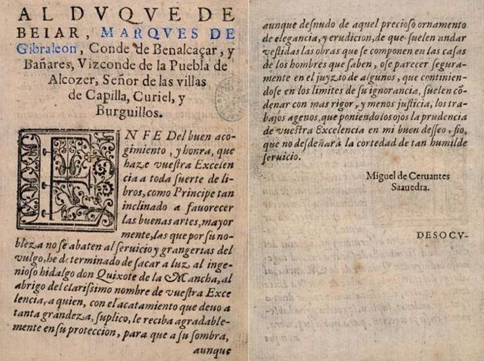 Dedicatoria de Cervantes al duque de Béjar, marqués de Gibraléon.