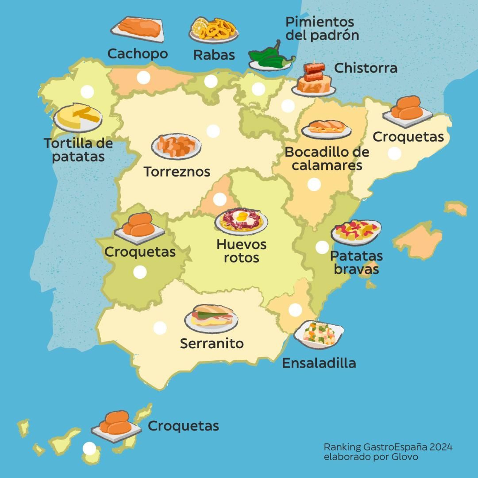 El mapa gastronomico de España con las recetas tradicionales más demandadas en 2024. El mapa gastronomico de España con las recetas tradicionales más demandadas en 2024.