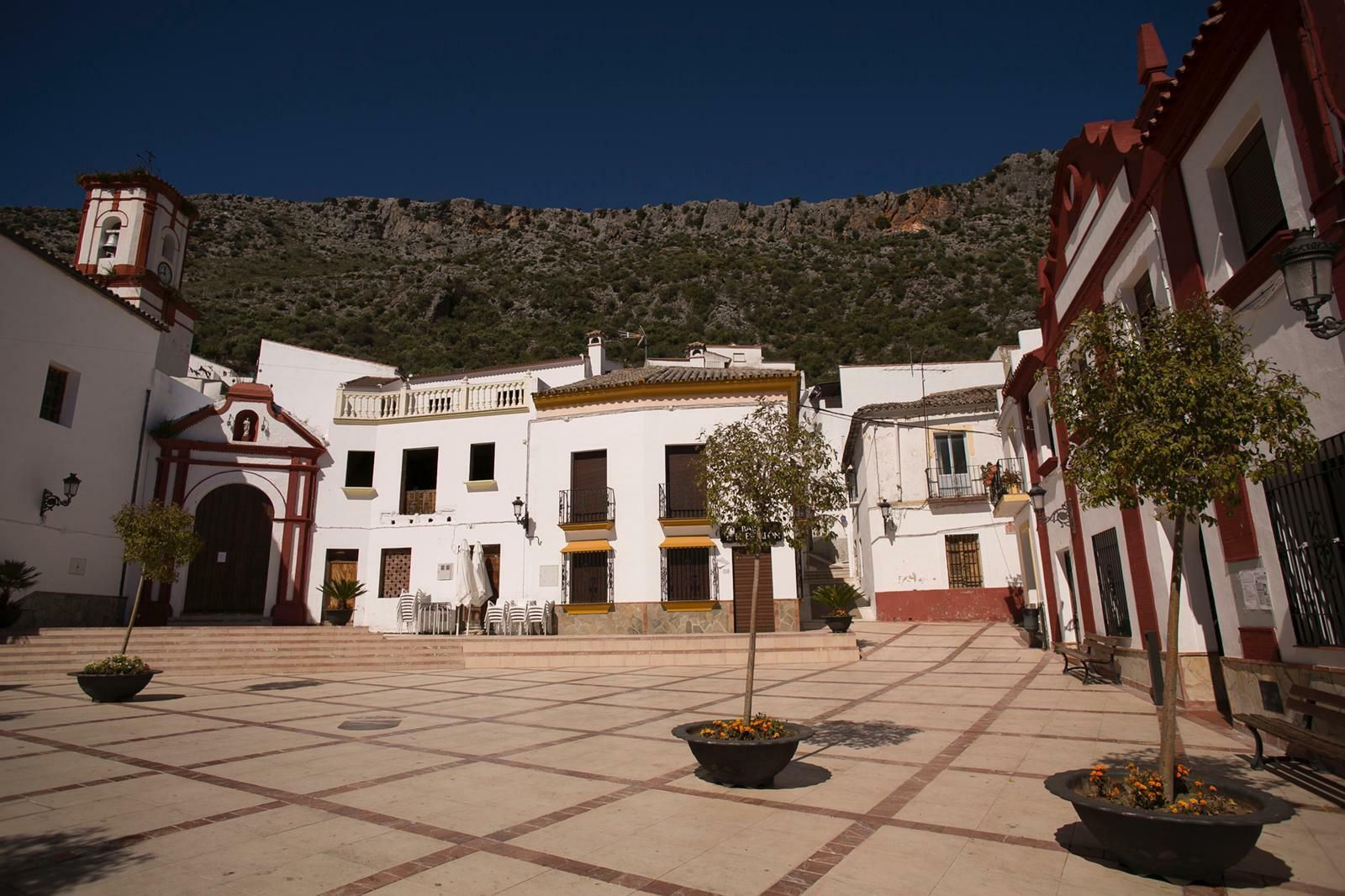 La plaza de Benaoján absolutamente vacía y con sus negocios cerrados.