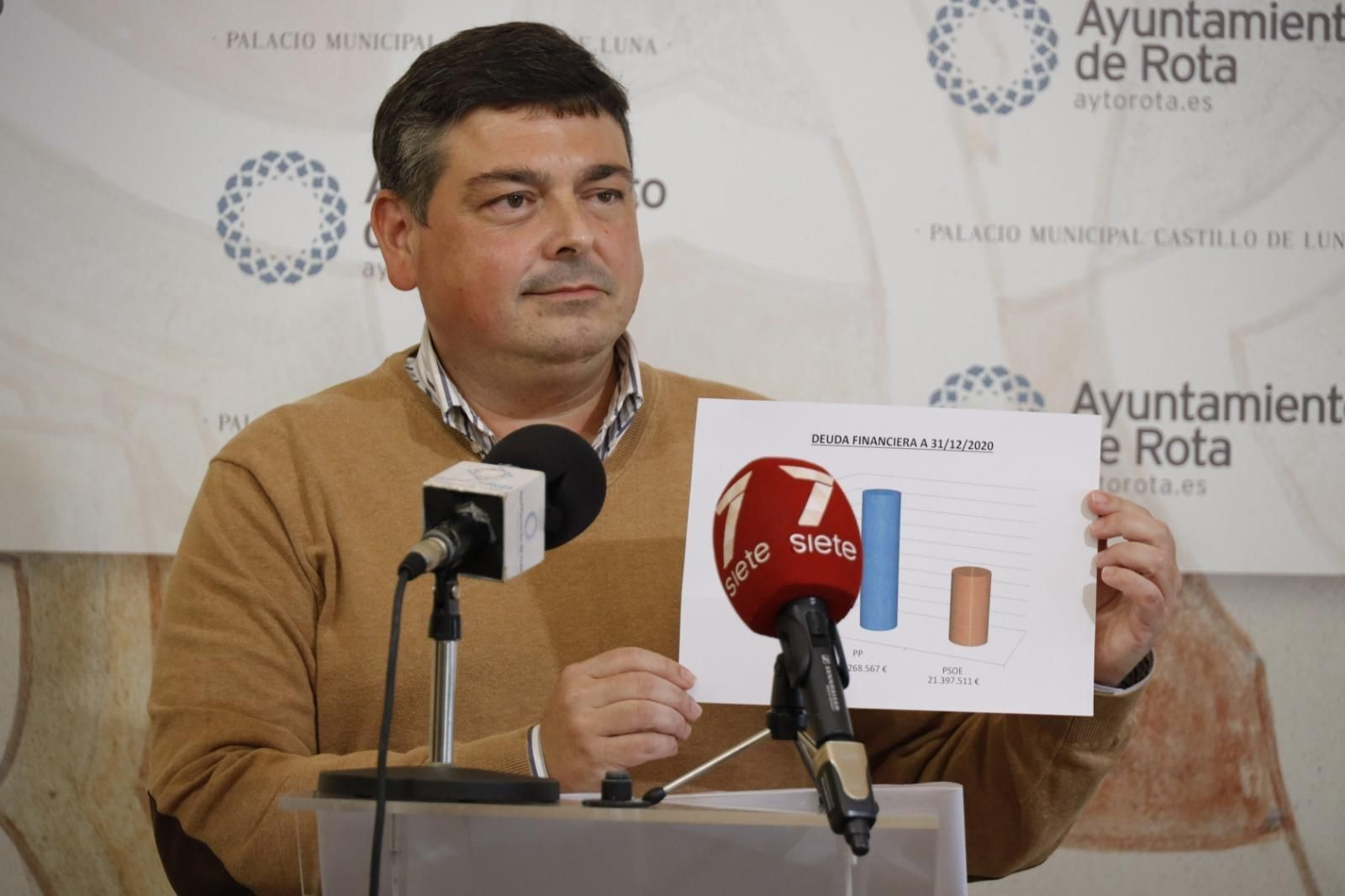 El concejal de Hacienda, Daniel Manrique de Lara, con un gráfico que muestra la reducción de la deuda financiera del Ayuntamiento de Rota.