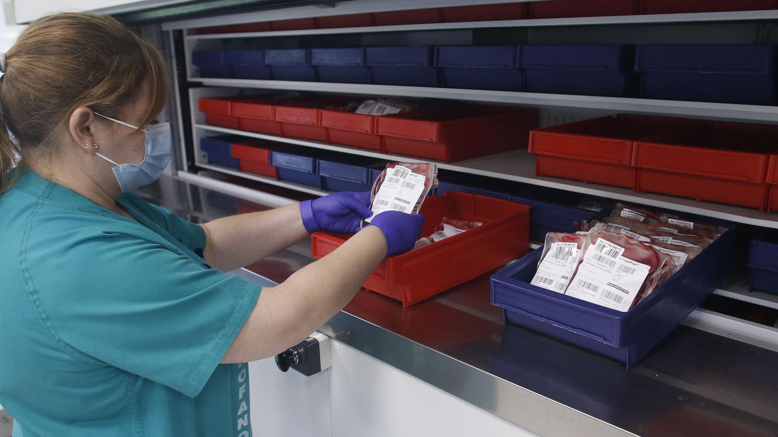 Zona de almacenaje de la sangre clasificada por grupo sanguíneo.