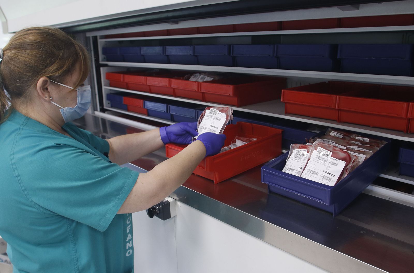 Zona de almacenaje de la sangre clasificada por grupo sanguíneo.
