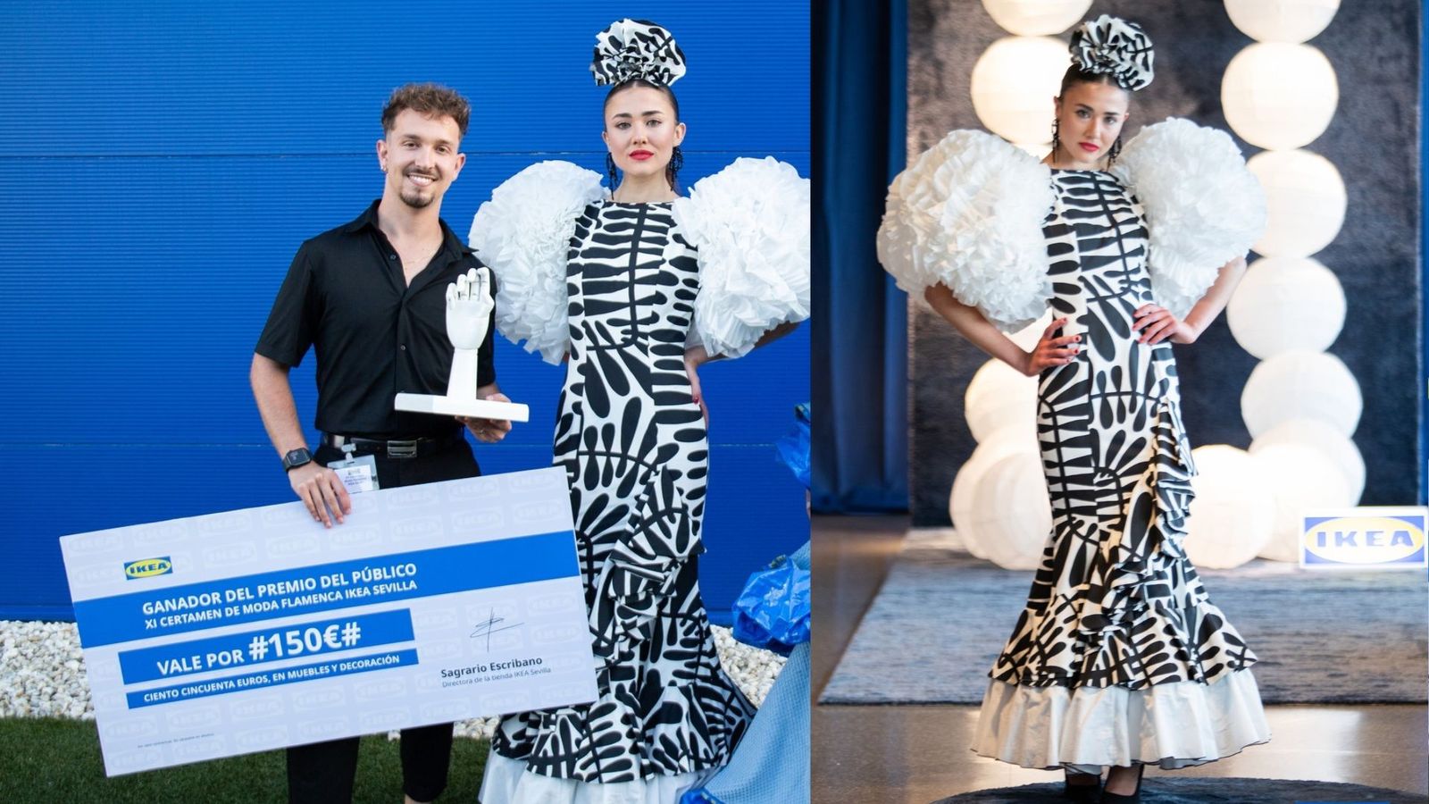 Gonzalo Ayllón, de Algeciras, conquista al público con su traje de flamenca hecho de lámparas y fundas nórdicas de Ikea.