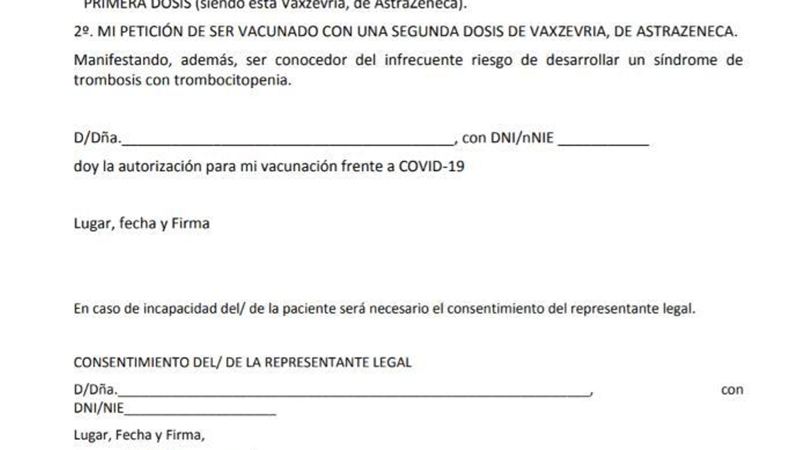 Consentimiento informado a firmar por los vacunados