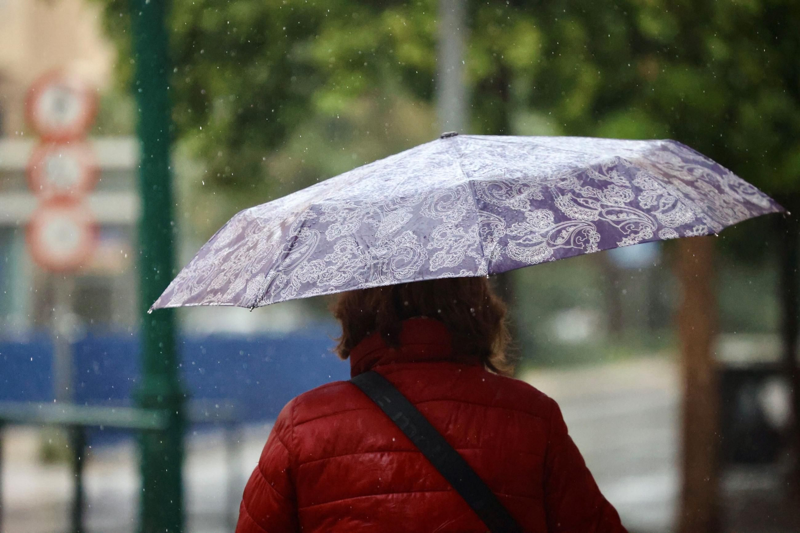 Una mujer se protege de la lluvia con un paraguas.