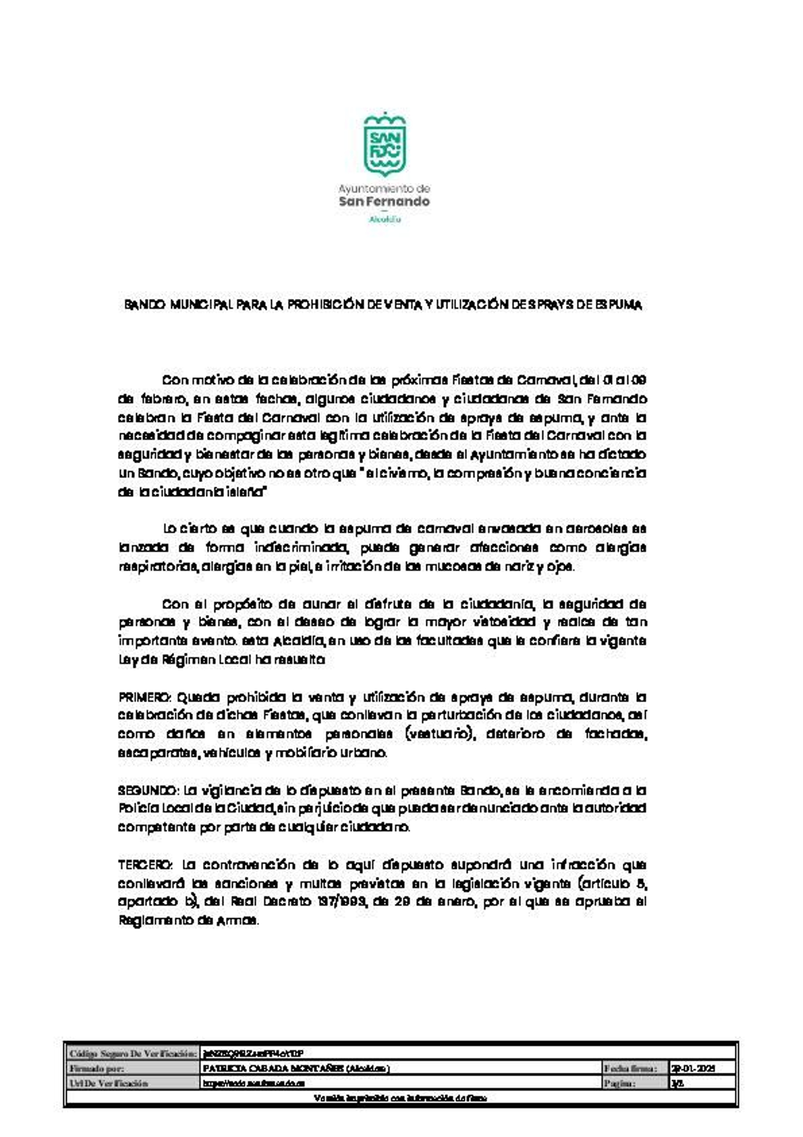 Bando que prohibe la venta y uso de esprays de espuma durante el Carnaval en San Fernando