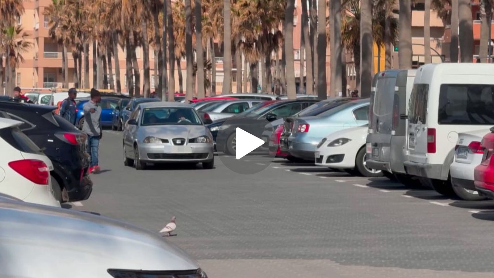 Personas haciendo de gorrillas en el aparcamiento de El Palmeral en Almería capital.