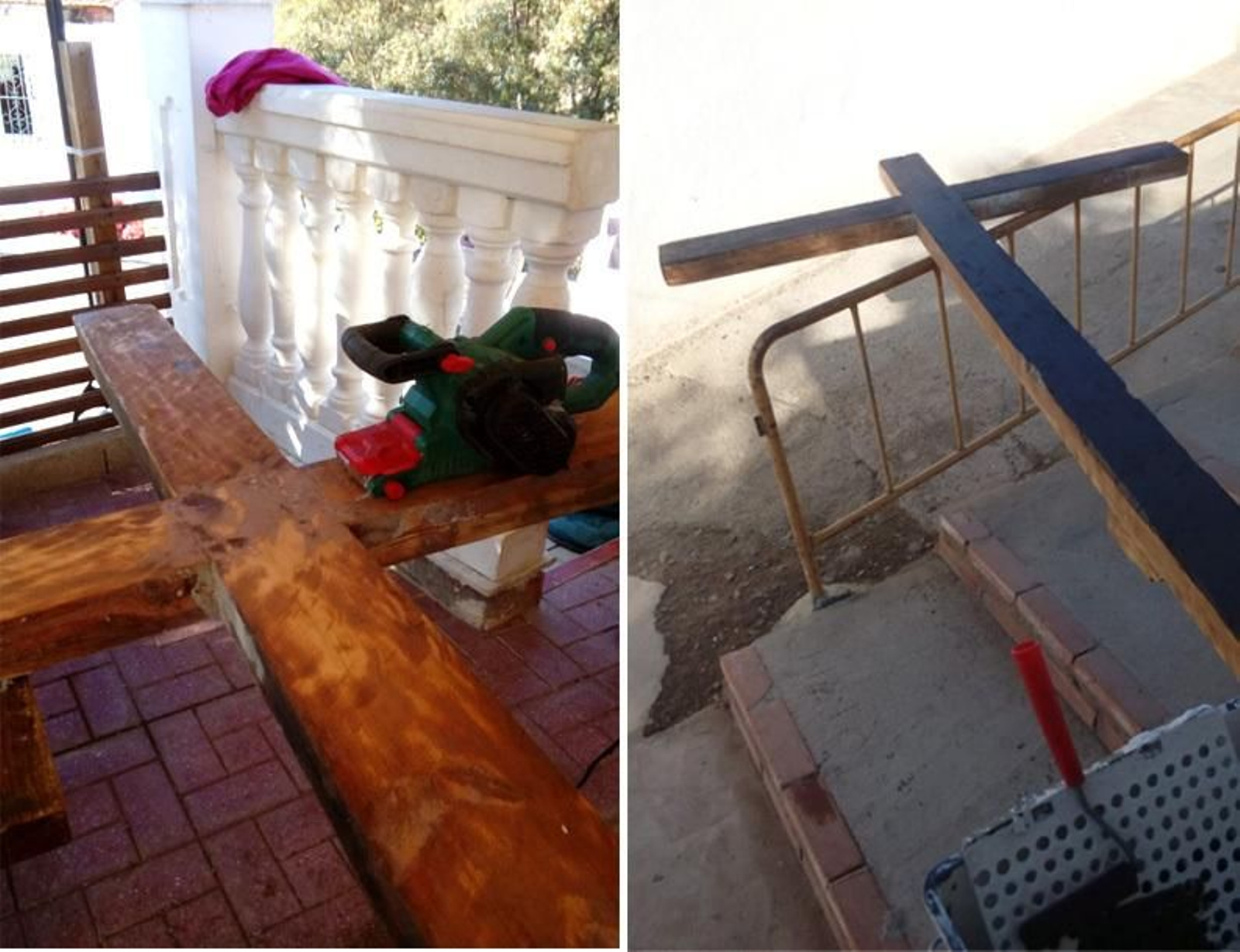 La cruz, durante y después de la restauración.