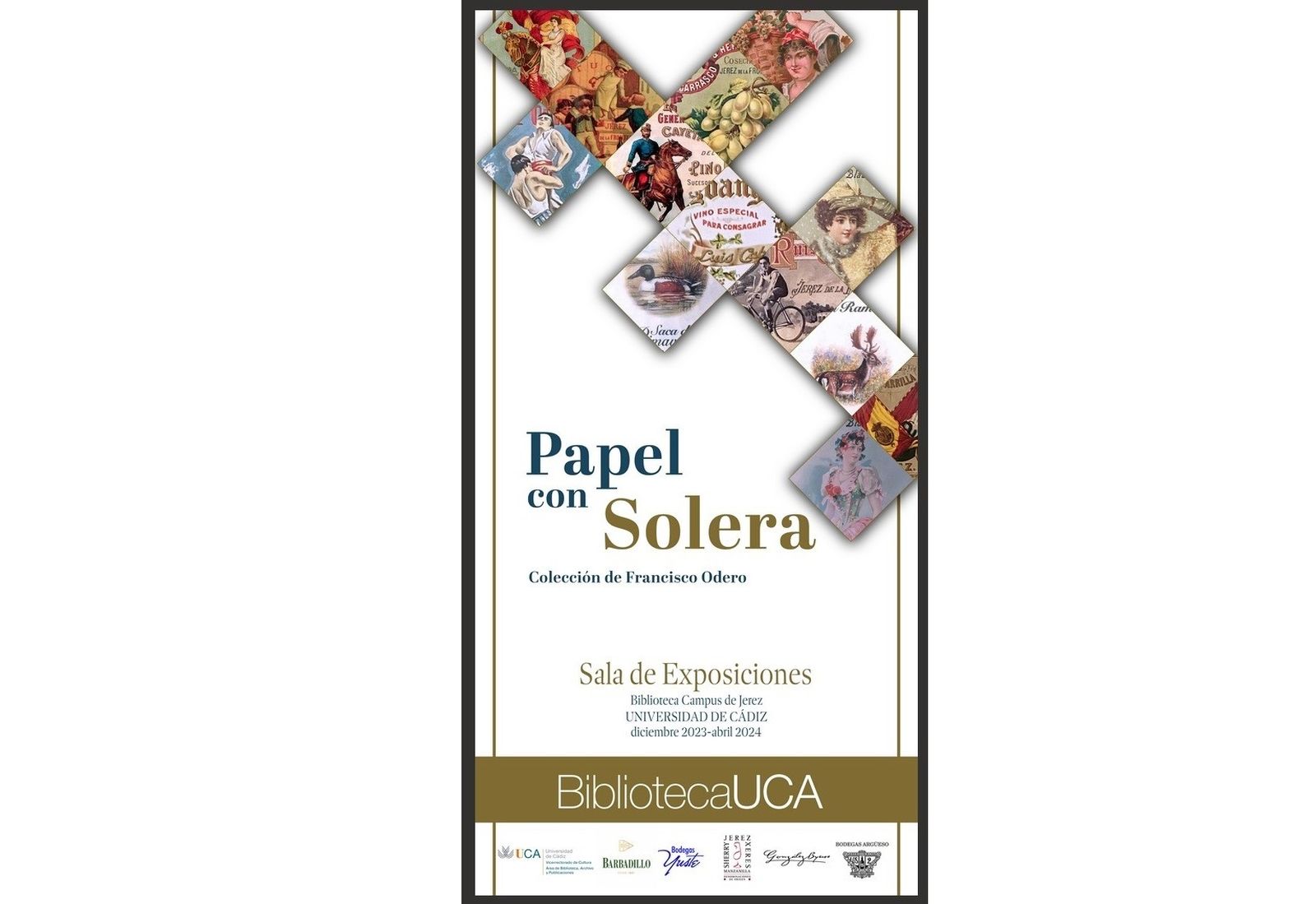 Cartel de la exposición que reúne etiquetas de vinos del marco y otros documentos relacionados con el sector.
