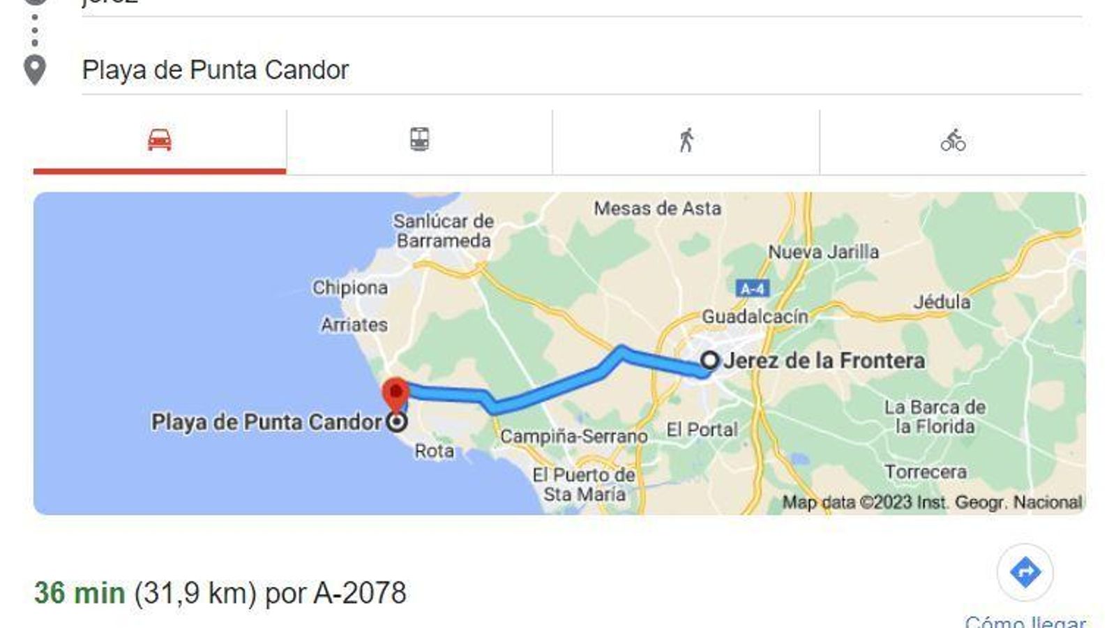 Distancia de Jerez a la playa Punta Candor, Rota.