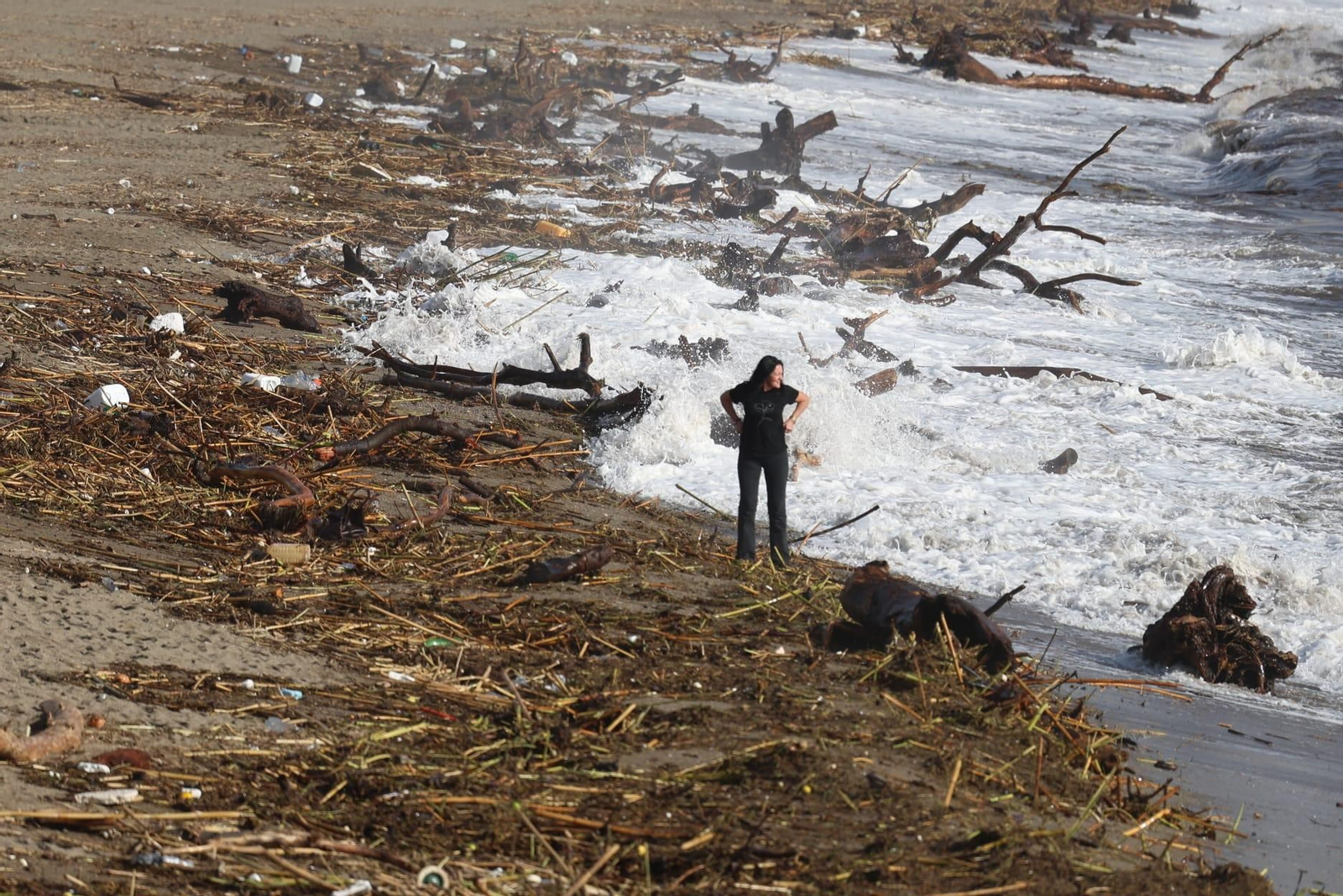 Las playas de Málaga despiertan con el agua revuelta y llenas de cañas