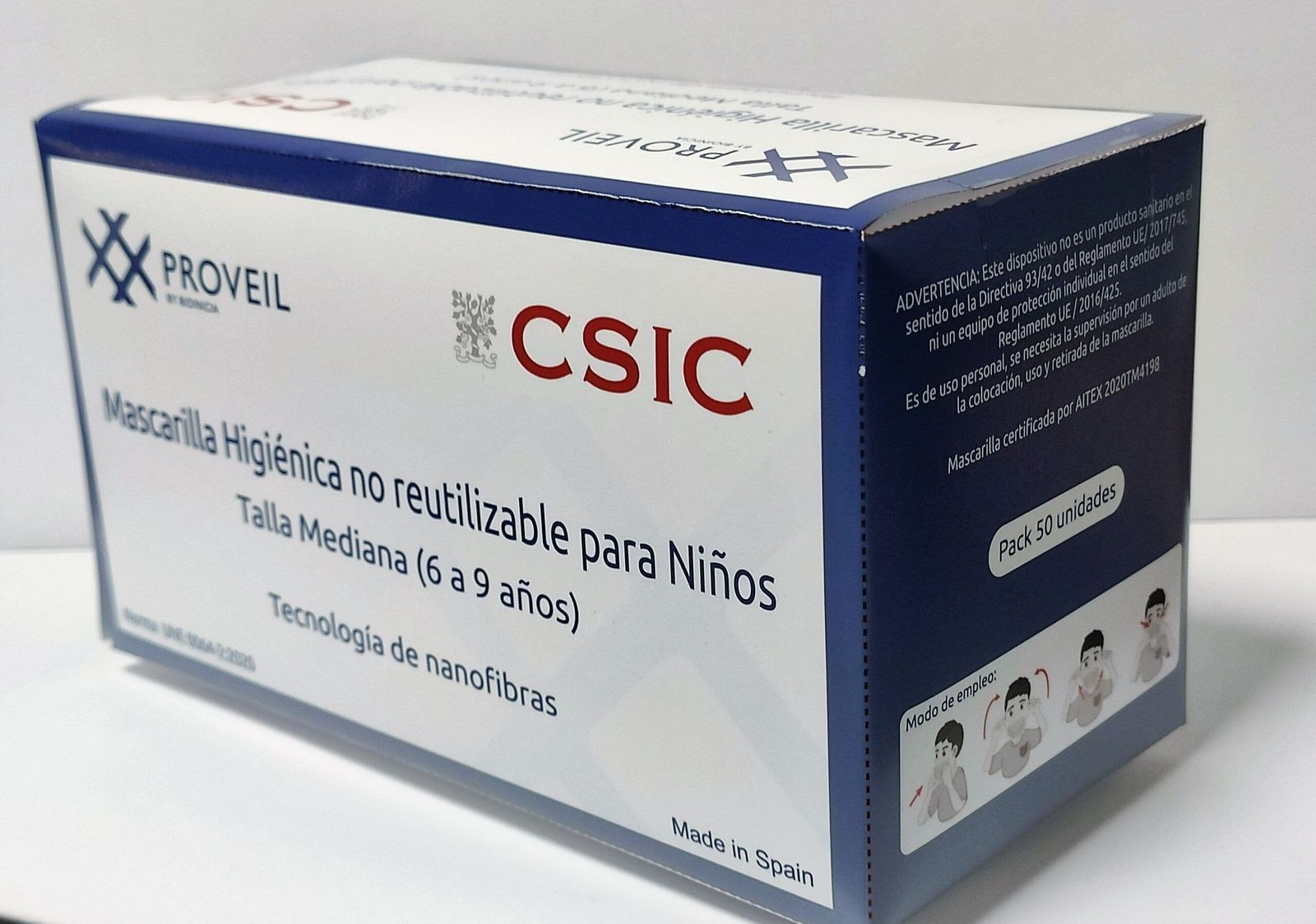 Caja de las mascarillas para niños de Proveil con el sello del CSIC