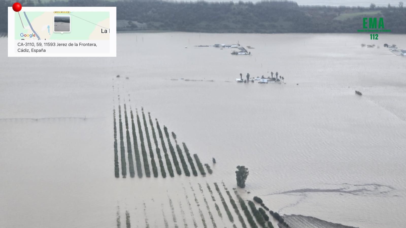Así se ve desde el aire el desbordamiento del río Guadalete en Jerez, El Puerto, Arcos y la Sierra