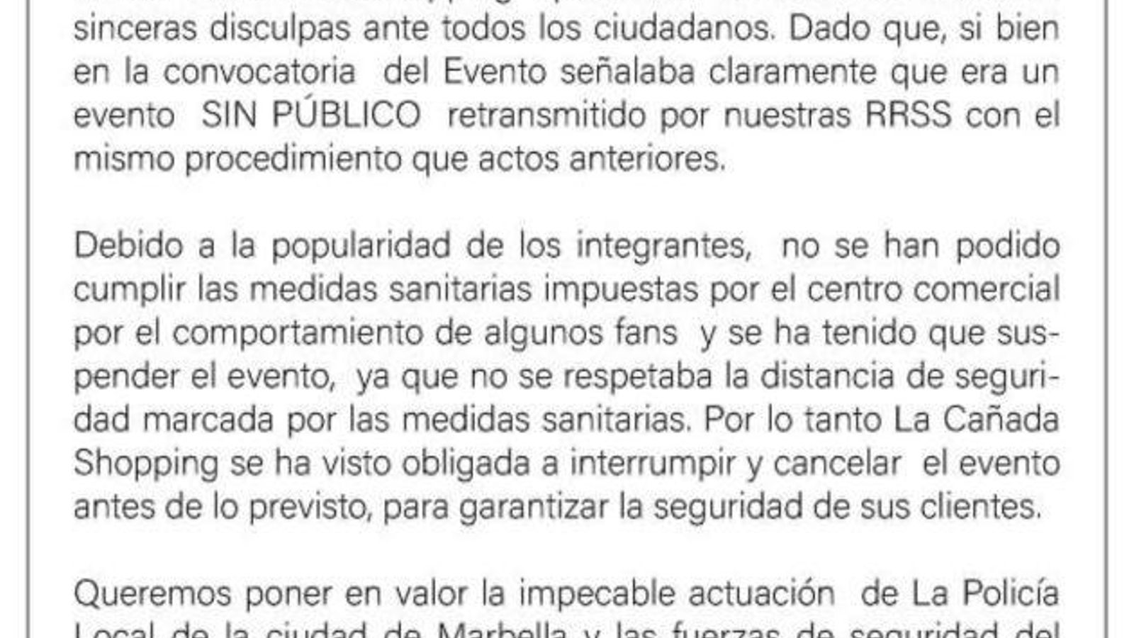 Comunicado del centro comercial La Cañada. Comunicado del centro comercial La Cañada.