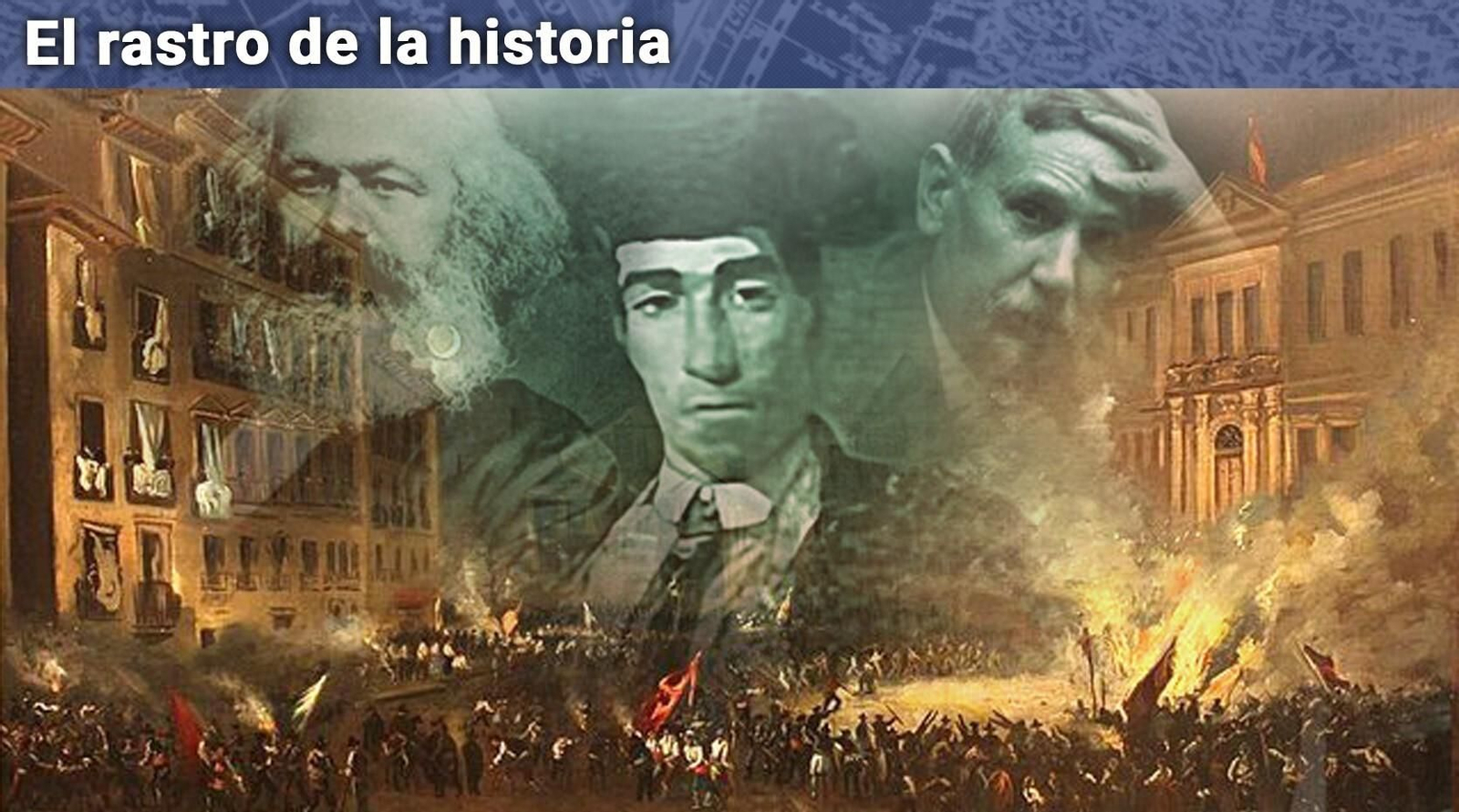 Marx, Pucheta y Galdós. De fondo, el cuadro de Lucas Velázquez  sobre la Vicalvarada.