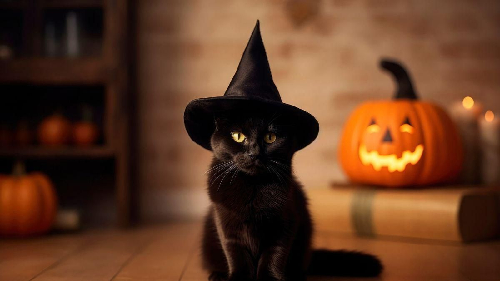 Un gato negro con sombrero y una calabaza de Halloween