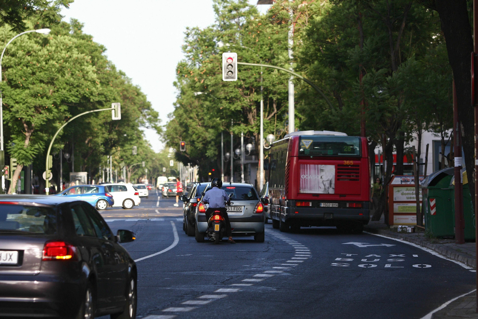 Un autobús de Tussam circula por un carril reservado en la avenida de Ramón y Cajal.