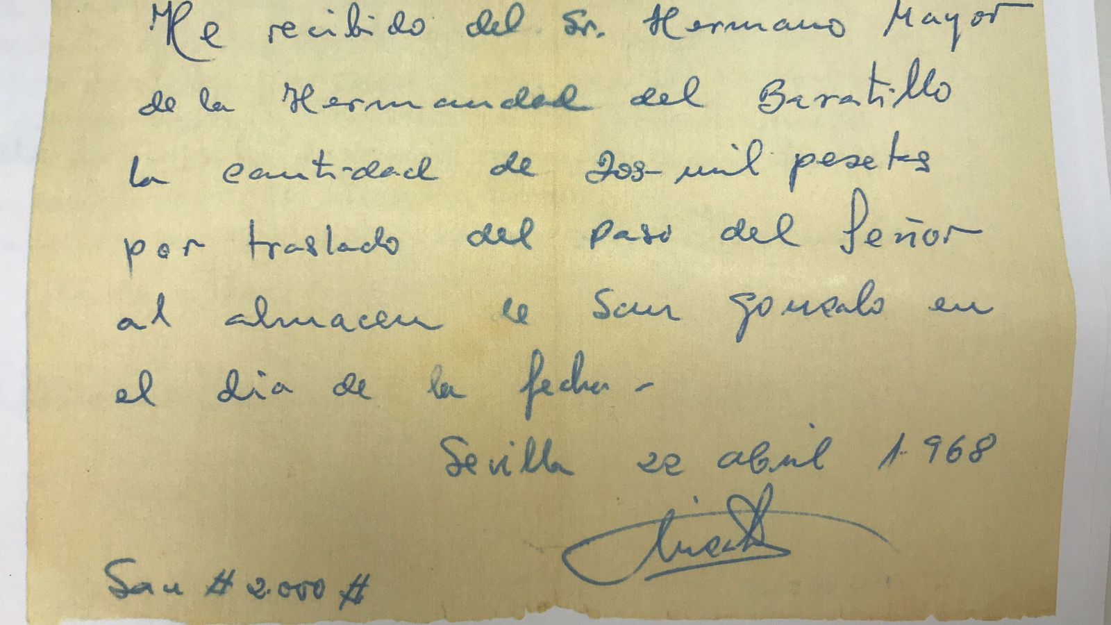 Dos mil pesetas por el traslado de los pasos al almacén en 1968