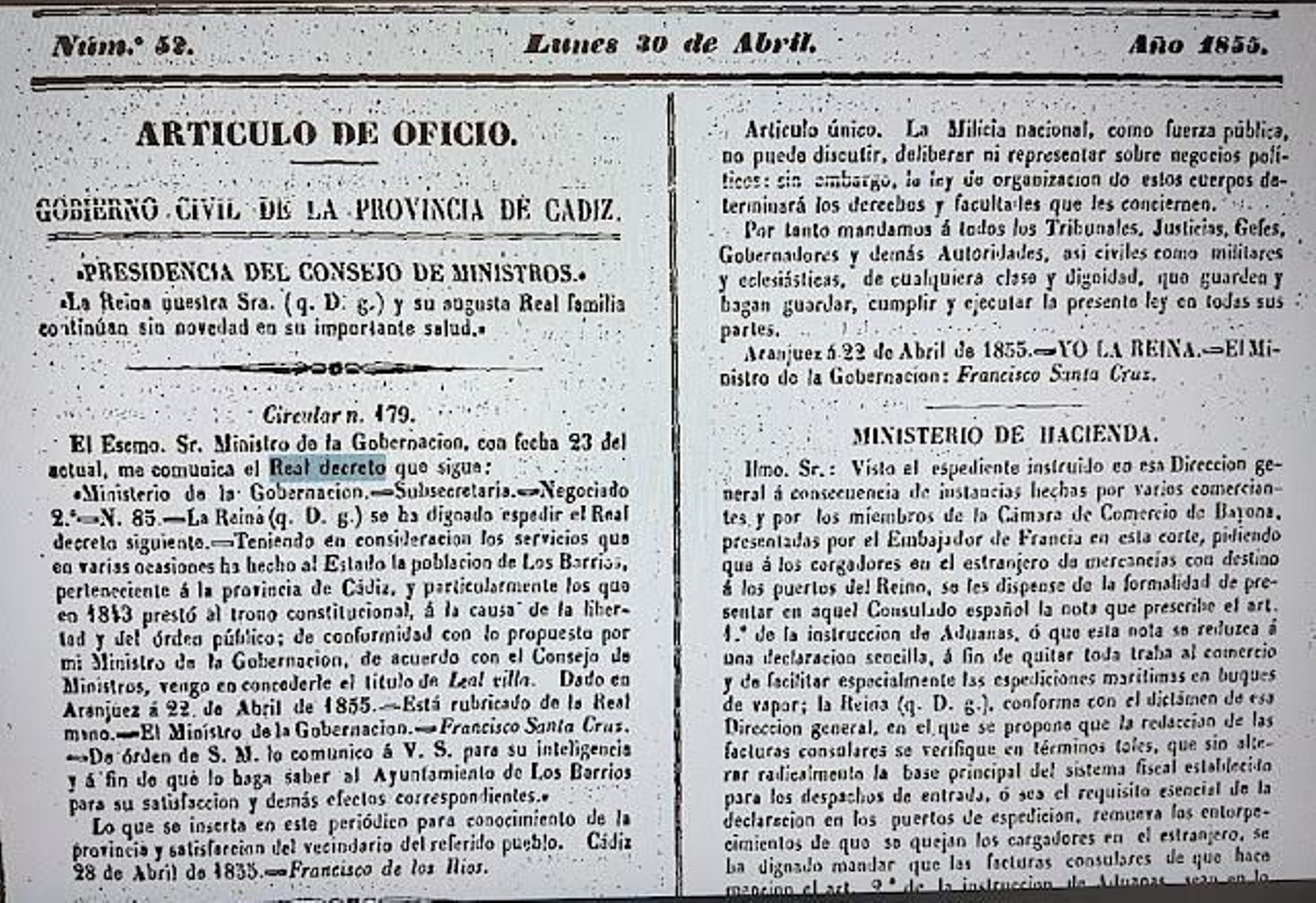 El documento de la concesión del título de Villa a Los Barrios.