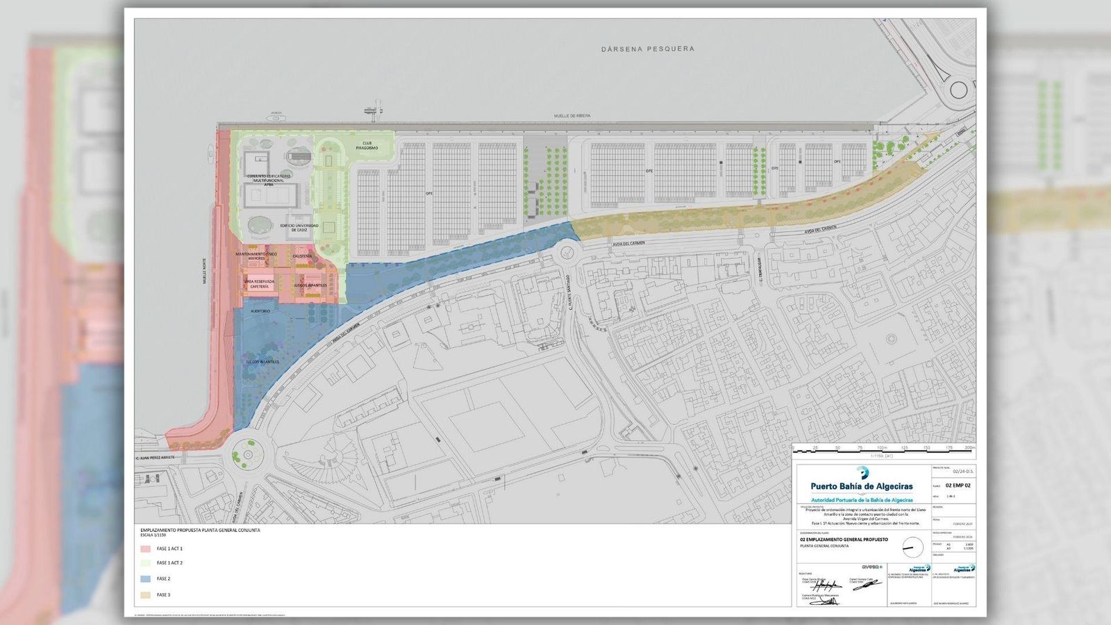 El futuro Lago Marítimo de Algeciras. En azul, las obras inauguradas en 2024. En rojo, la fase 2 y, en amarillo, la fase 3, ambas abiertas al público en 2027.