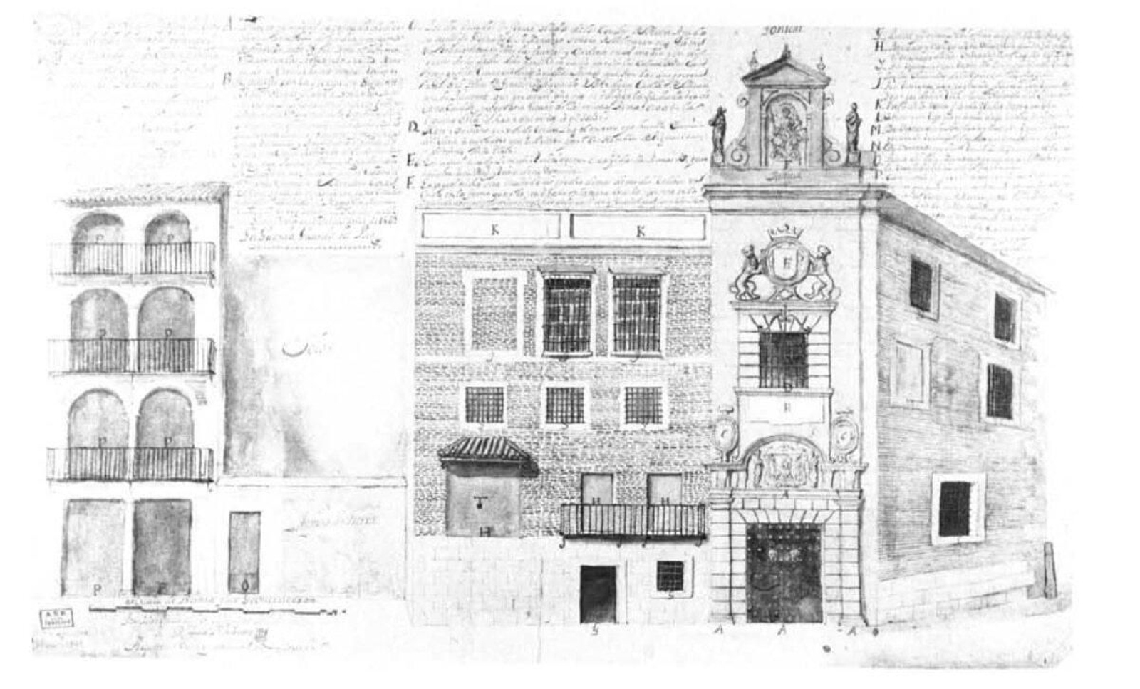 Fachada de la Cárcel Real de Sevilla hacia la Calle Sierpes. Plano de Juan Navarro datado en 1714