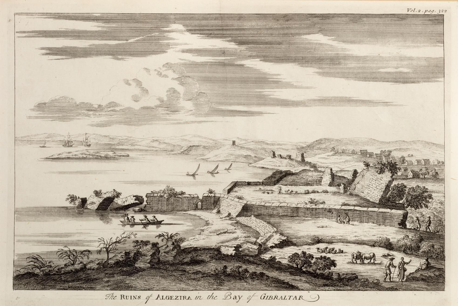 Estampa calcográfica con una imagen paisajística de las ruinas de la ciudad medieval de Algeciras, tras su destrucción en el siglo XIV y antes de su refundación efectiva y reconstrucción en el siglo XVIII. La estampa se encuentra en el volumen 2 de la obra de John Durant Breval 'Remarks on Several Parts of Europe', compendio histórico-geográfico impreso en Londres en 1726.