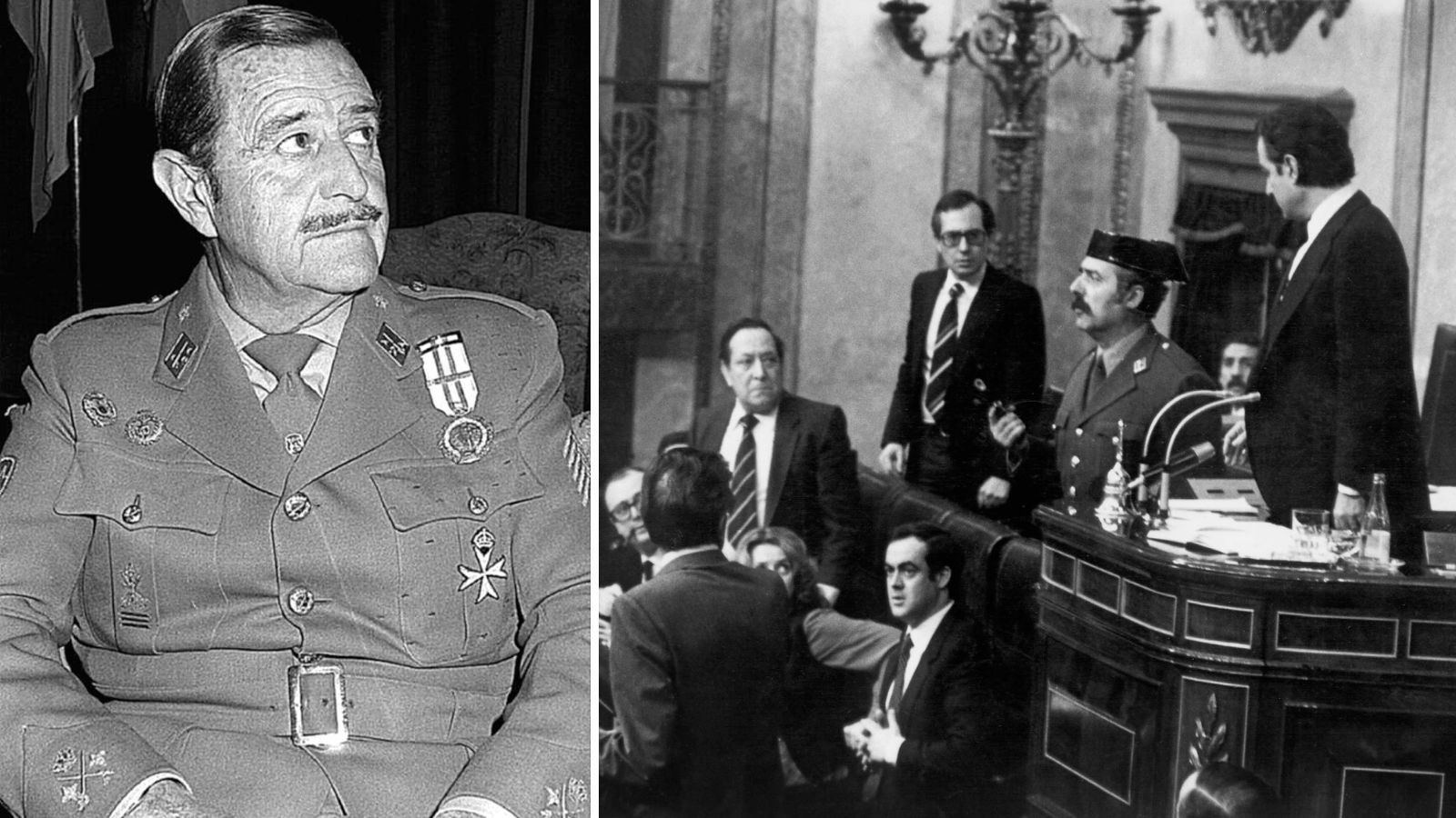 Jaime Milans del Bosch y, al lado, un momento del golpe de Estado.