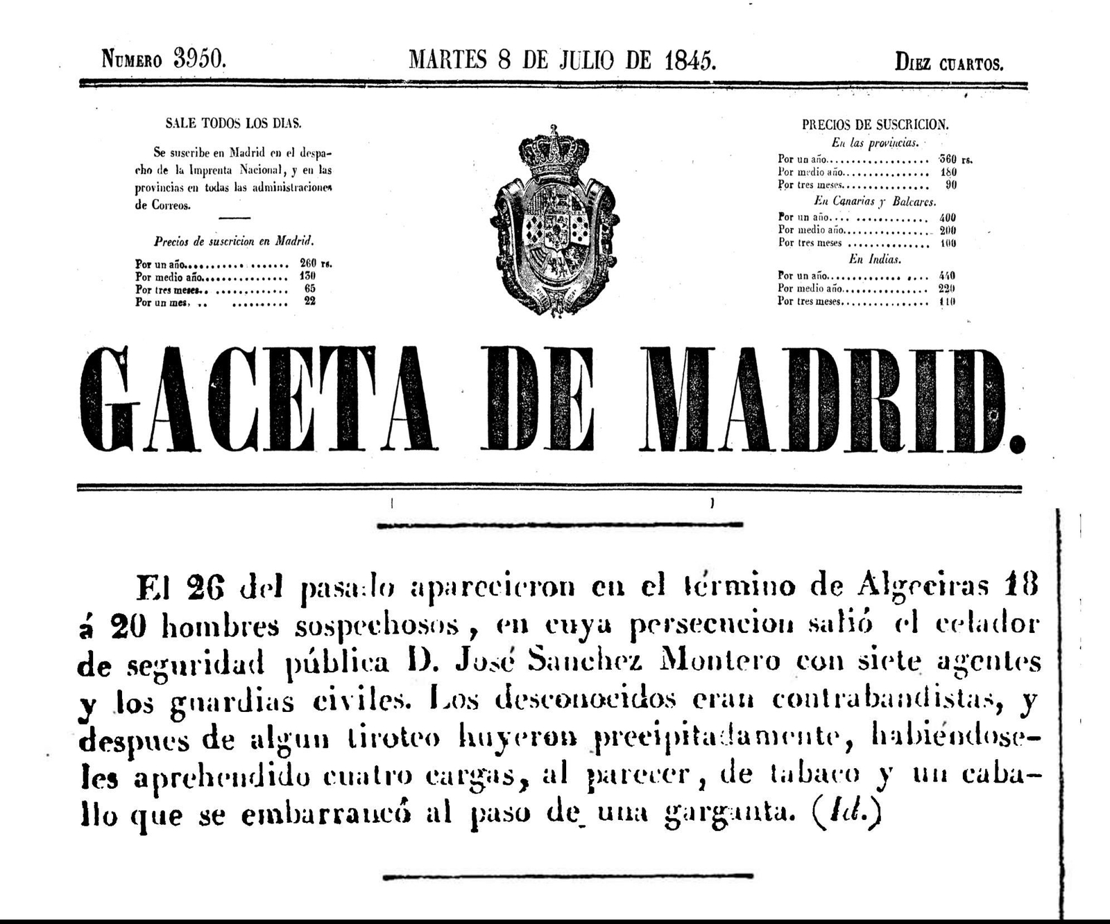 Noticia publicada en la Gaceta de Madrid de 8 de julio de 1845 sobre servicio prestado en Algeciras. Noticia publicada en la Gaceta de Madrid de 8 de julio de 1845 sobre servicio prestado en Algeciras.