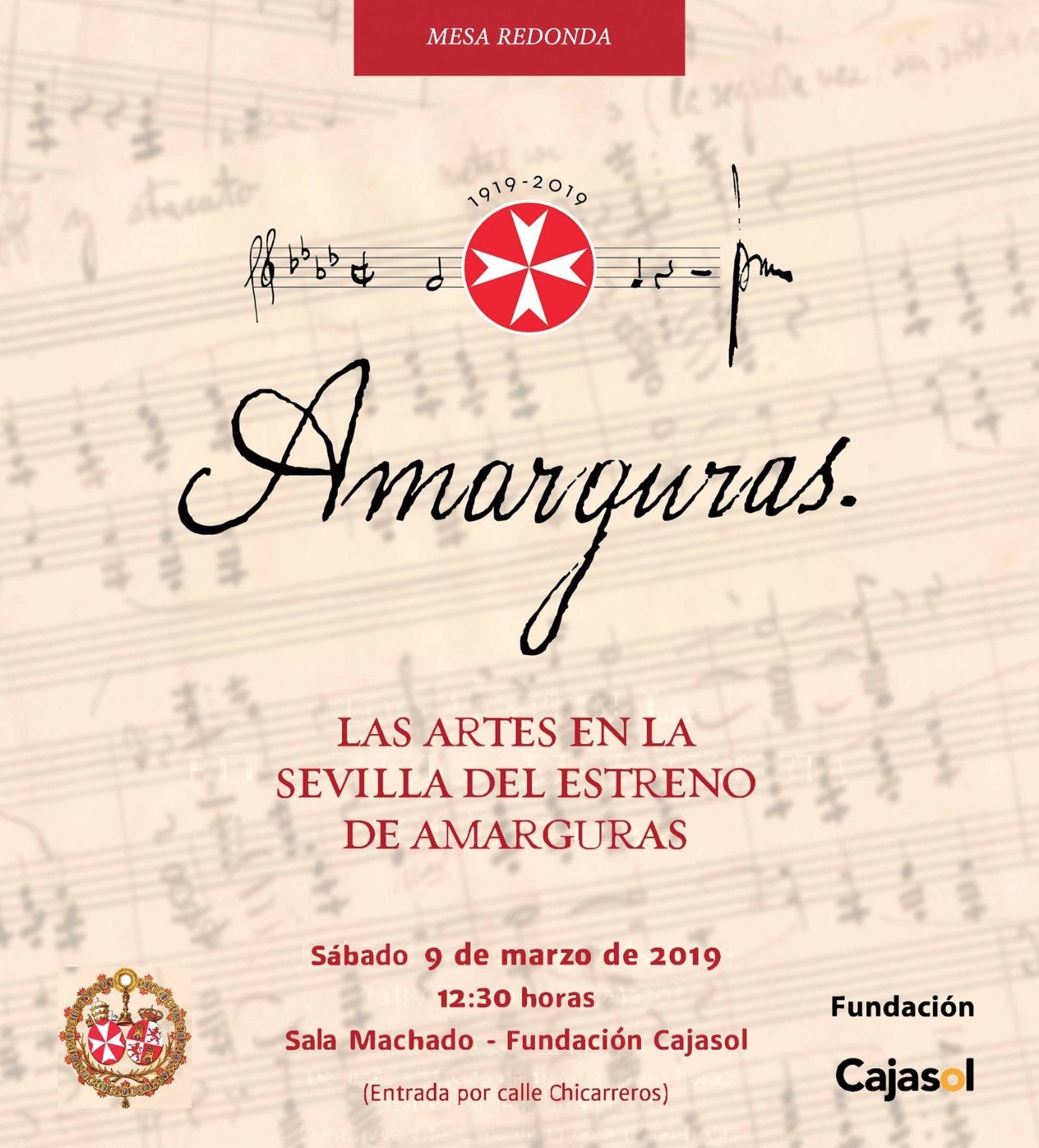 Cartel de la mesa redonda sobre 'Las artes en la Sevilla del estreno de Amarguras'