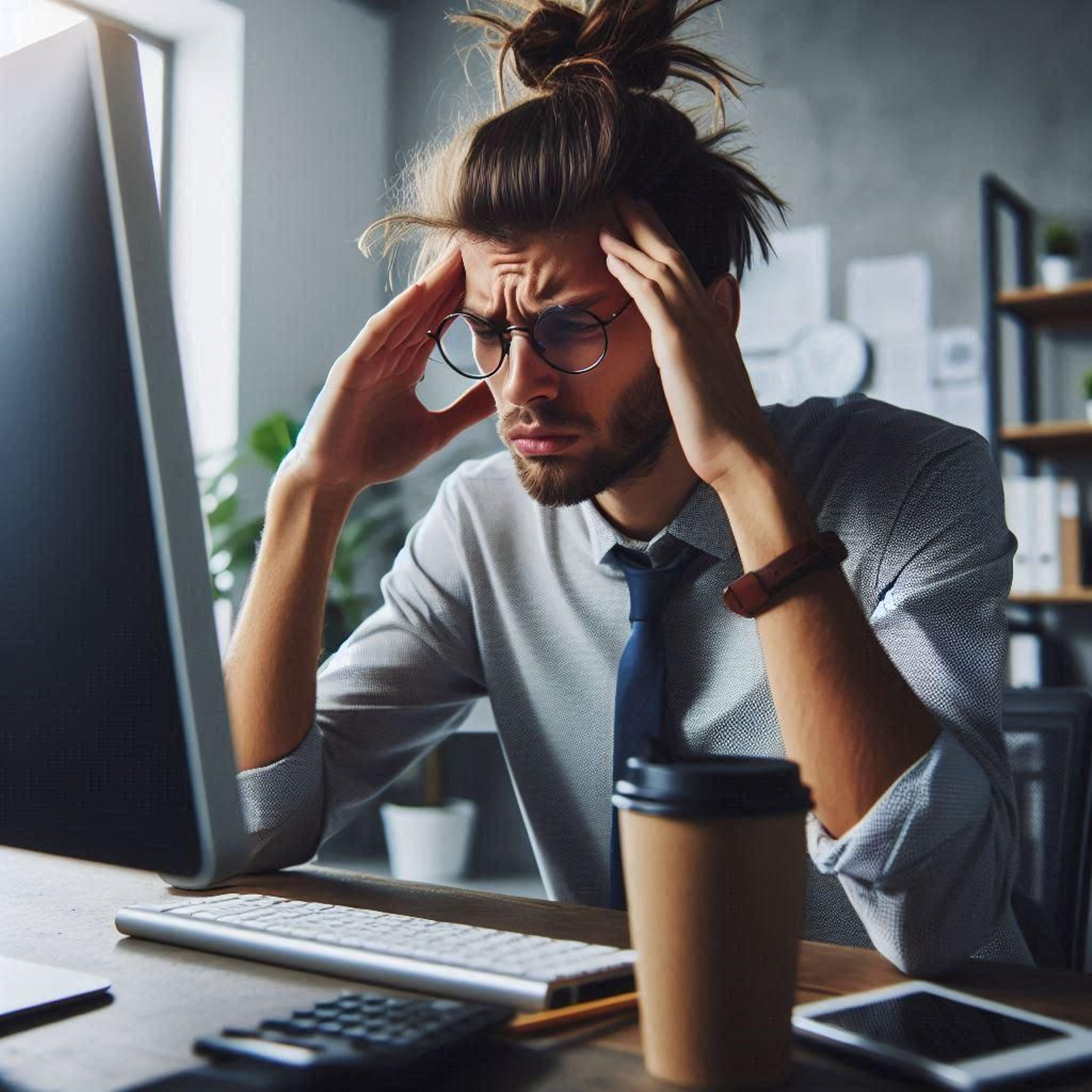 Un joven delante del ordenador con dolor de cabeza.