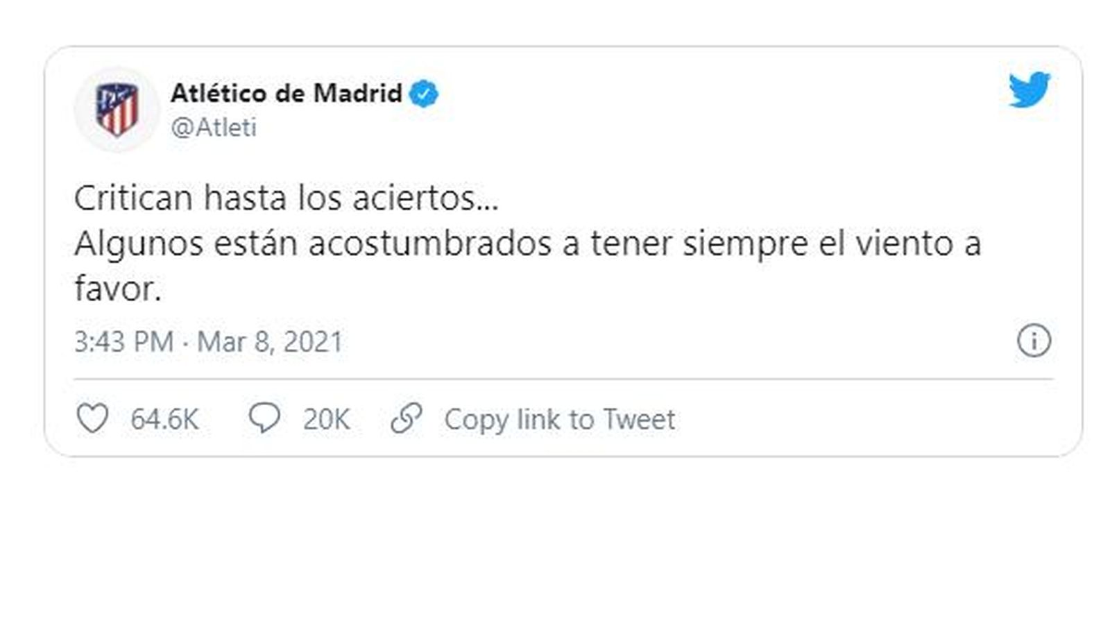 El Atlético al Real Madrid: "Algunos están acostumbrados a tener siempre el viento a favor"