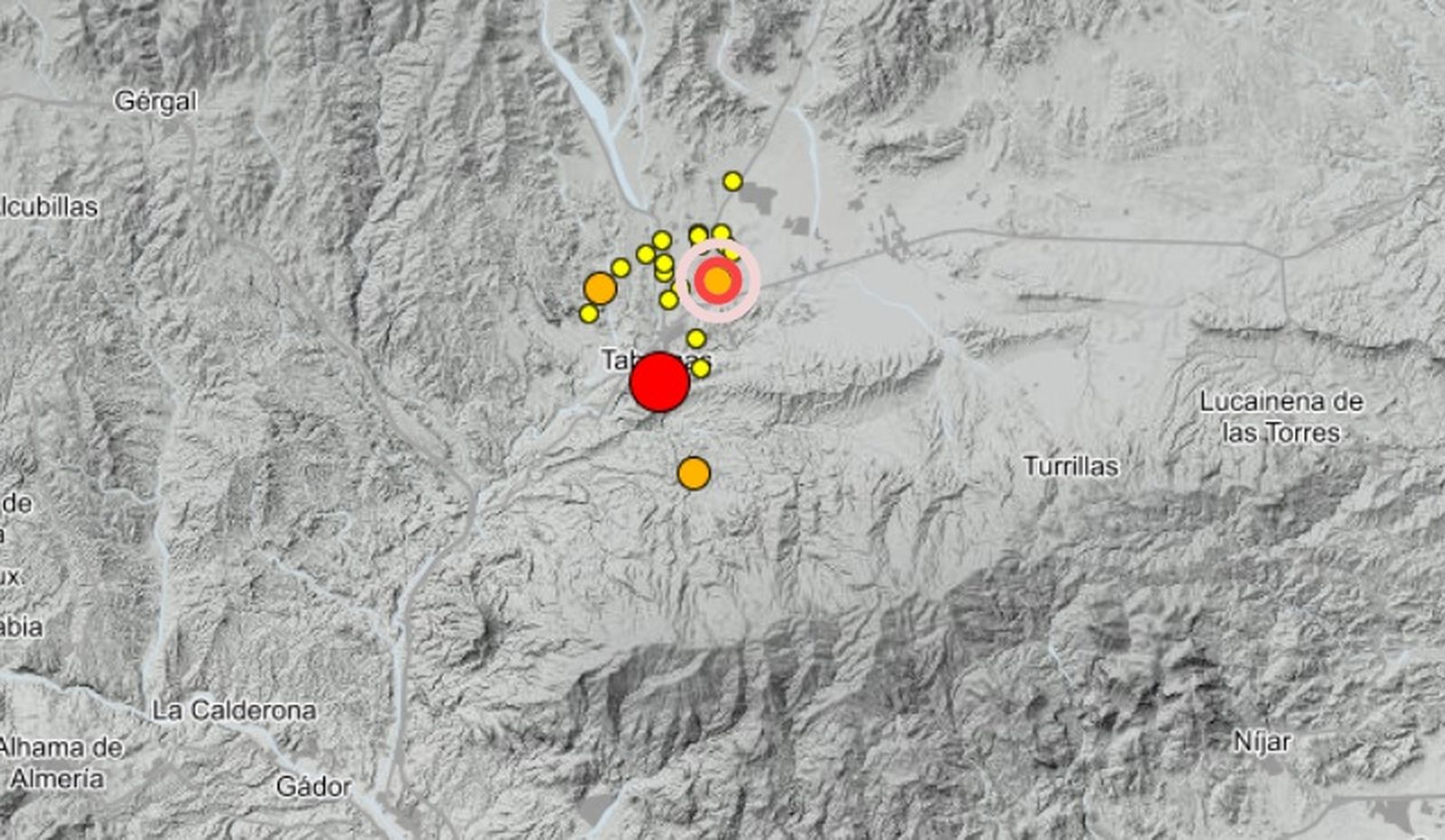 Terremoto con epicentro en Tabernas a las 23:38 horas del miércoles 18 de febrero.