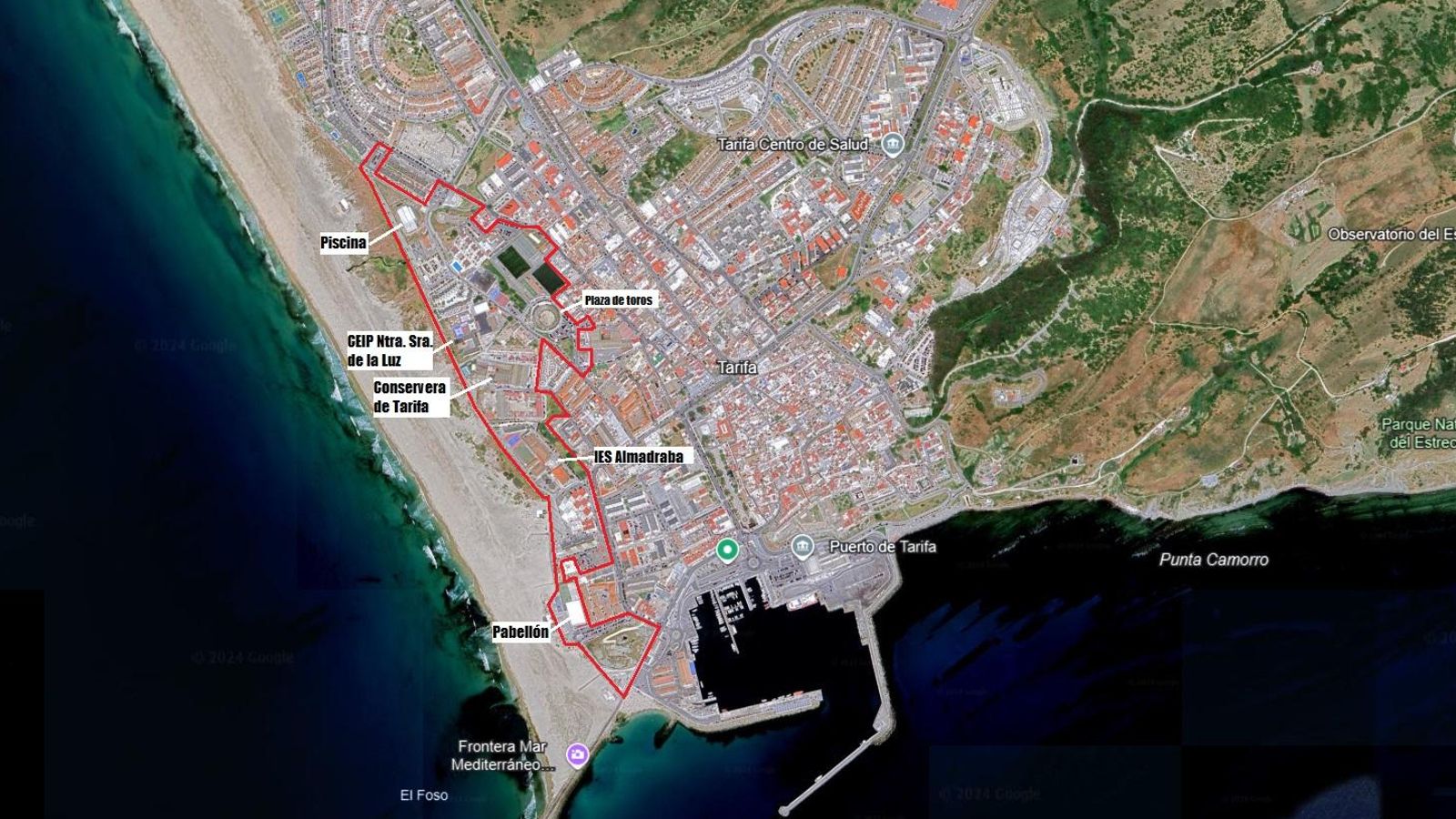 Plano con el contorno de los terrenos afectados por la ordenación prevista y sus principales equipamientos.