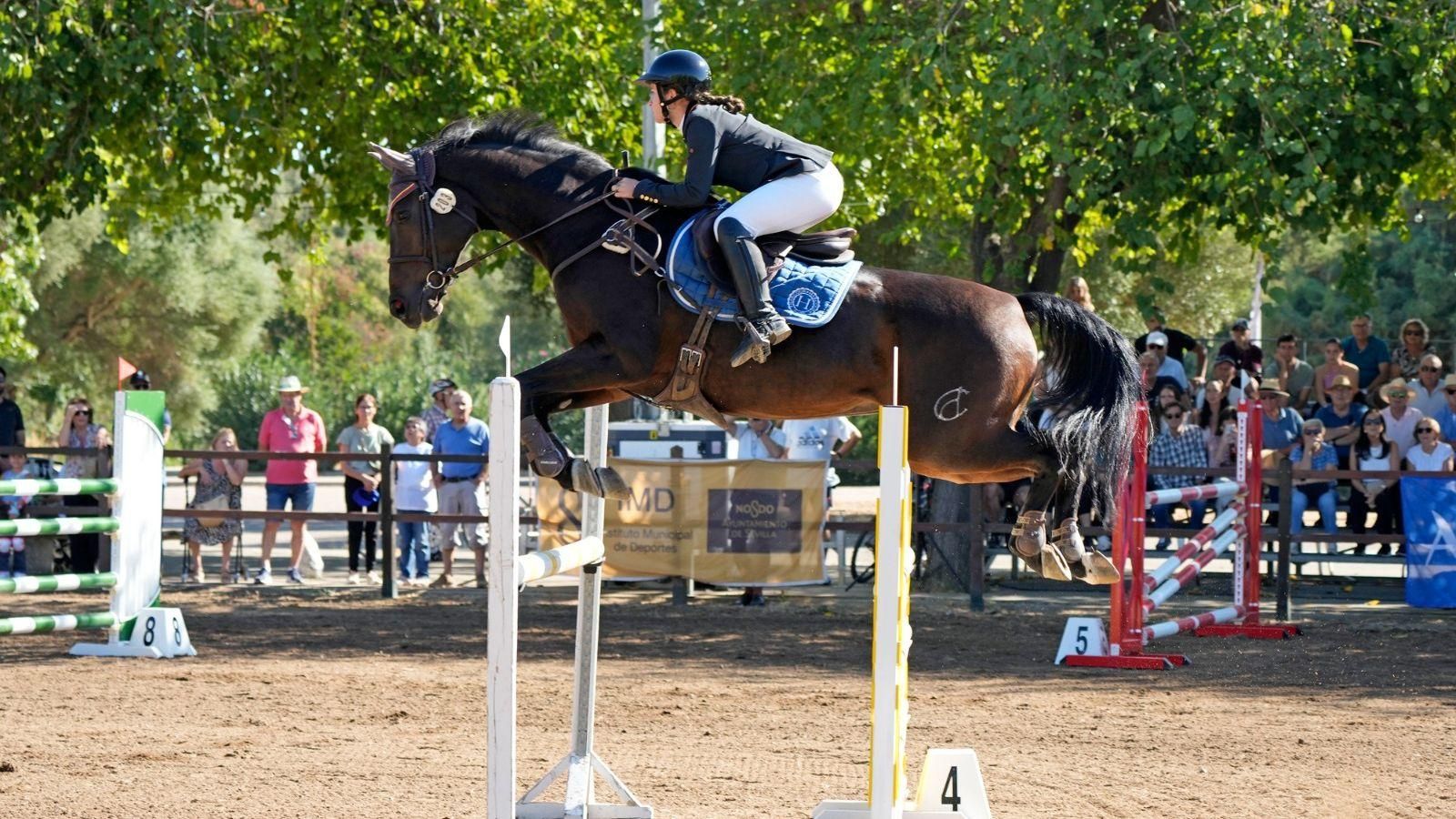 Una jinete salta con su caballo en una de las pruebas de la Gran Semana Anglo-árabe