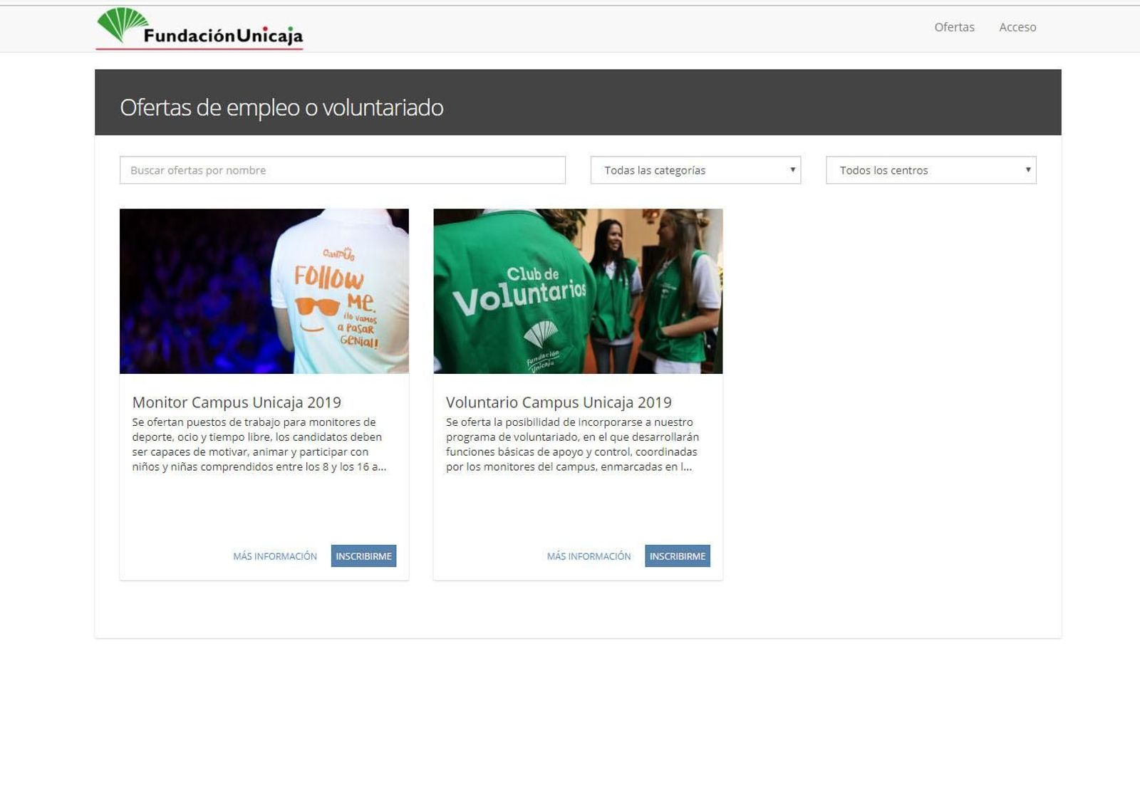 Apartado de la web con la bolsa de empleo para los campus de verano de Unicaja.