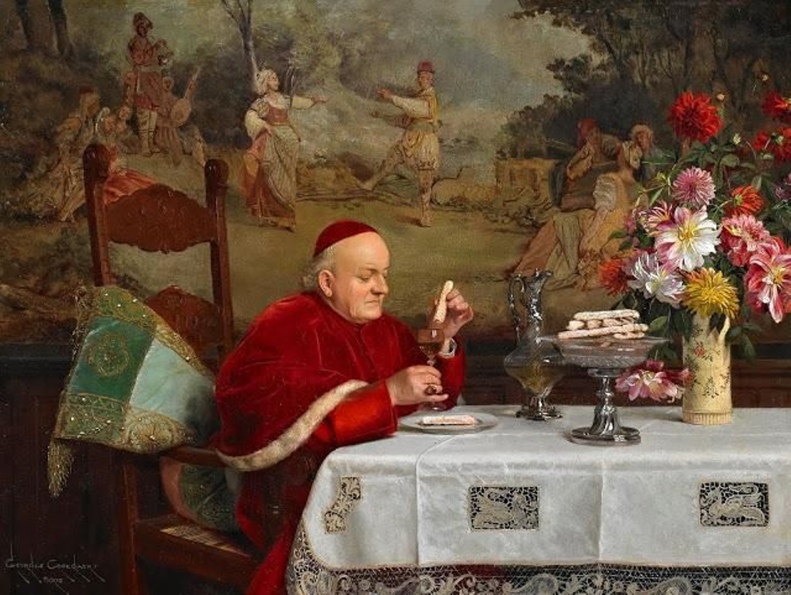 'Glass of sherry and biscuit', por Georges Croegaert, finales del XIX.