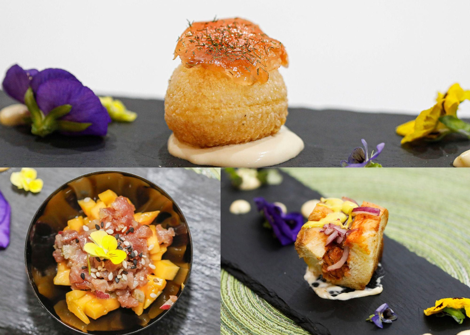Esfera Pani Puri con salsa tártara y salmón ahumado; tartar de atún rojo y brioche de cochinita al estilo Pibil