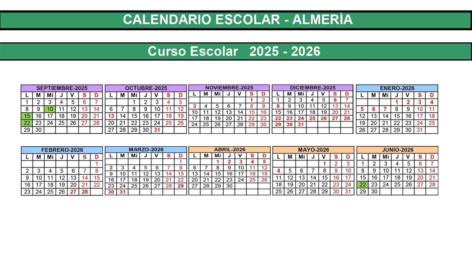 Calendario escolar de la provincia de Almería para el curso 2025-2026.