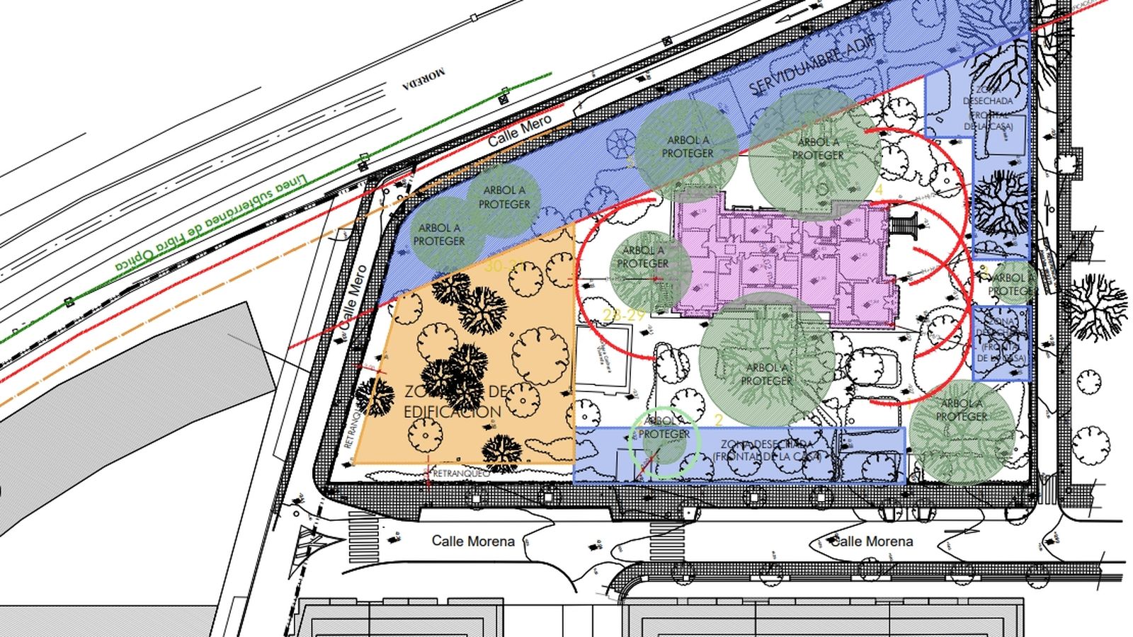 Zona donde se proyecta la nueva edificación para proteger la villa, el arbolado y respetar las servidumbres ferroviarias.