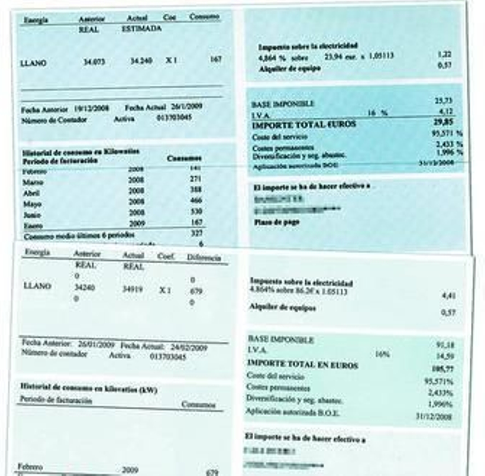 Las facturas de enero y febrero del presente año de un cliente de Eléctrica de Cádiz.