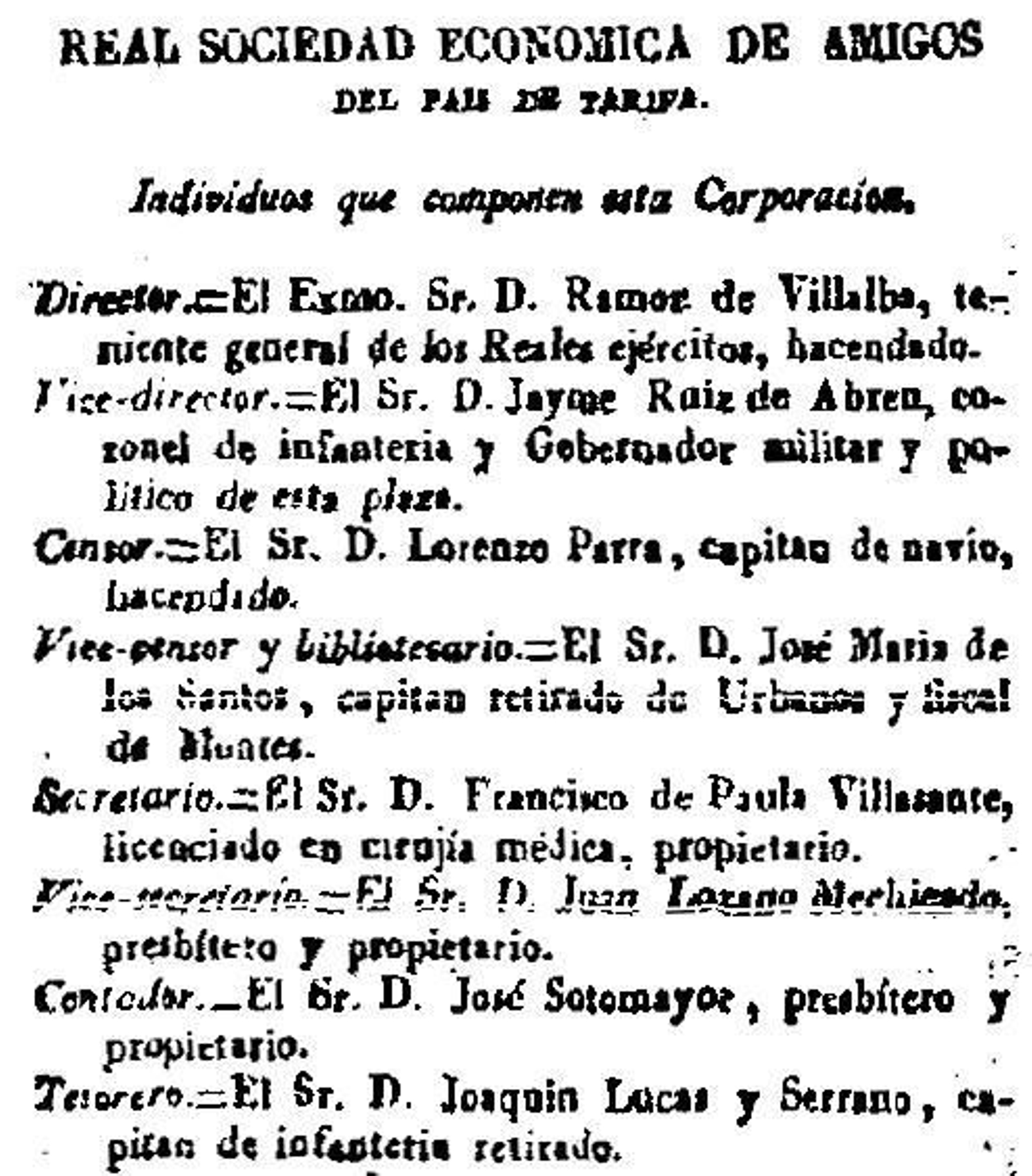 Directiva de la Sociedad Económica de Amigos del País de Tarifa. Anuncio en el BOP de Cádiz de 28 de abril de 1835