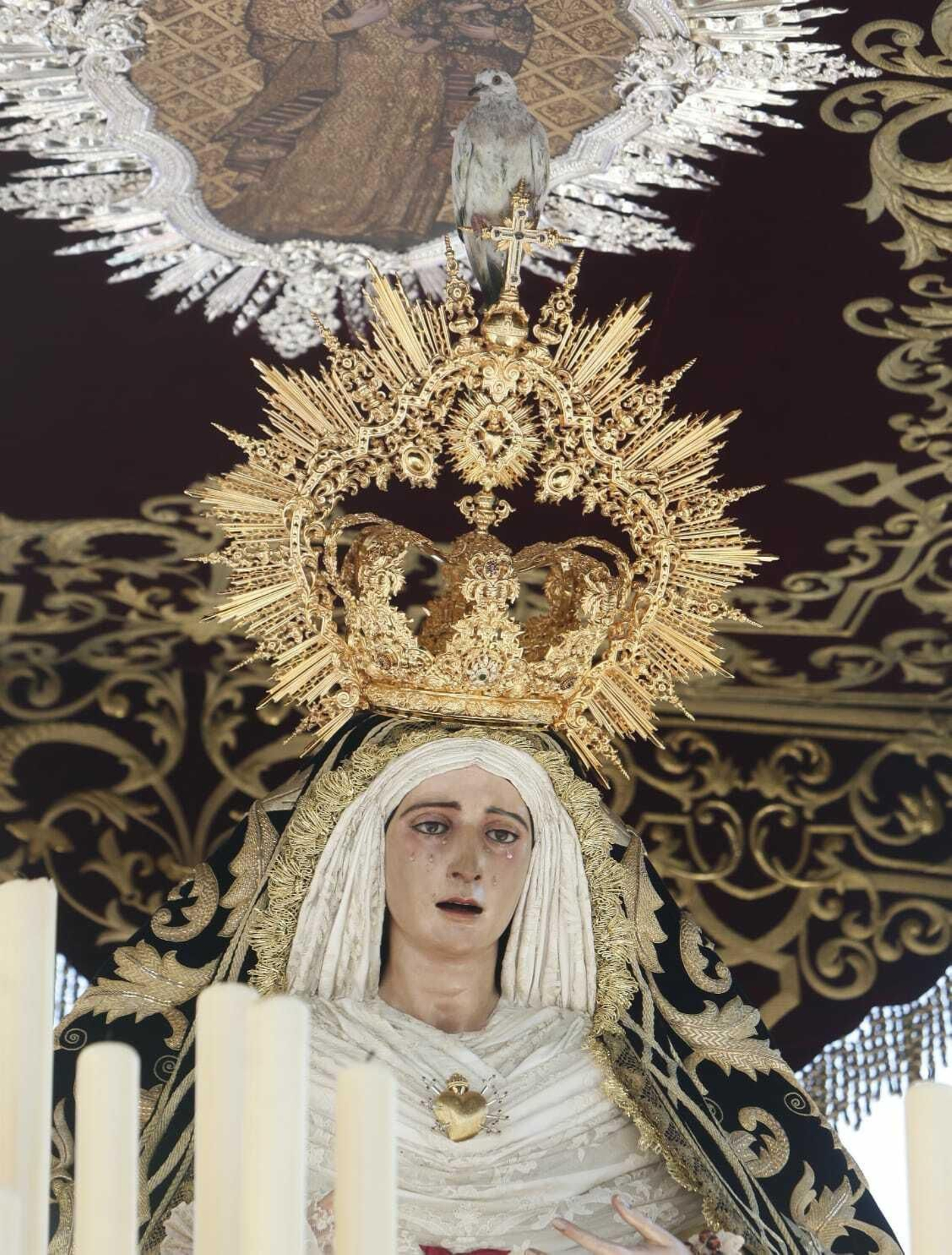 Una paloma se posa en la corona de la Virgen de los Dolores del Cerro.