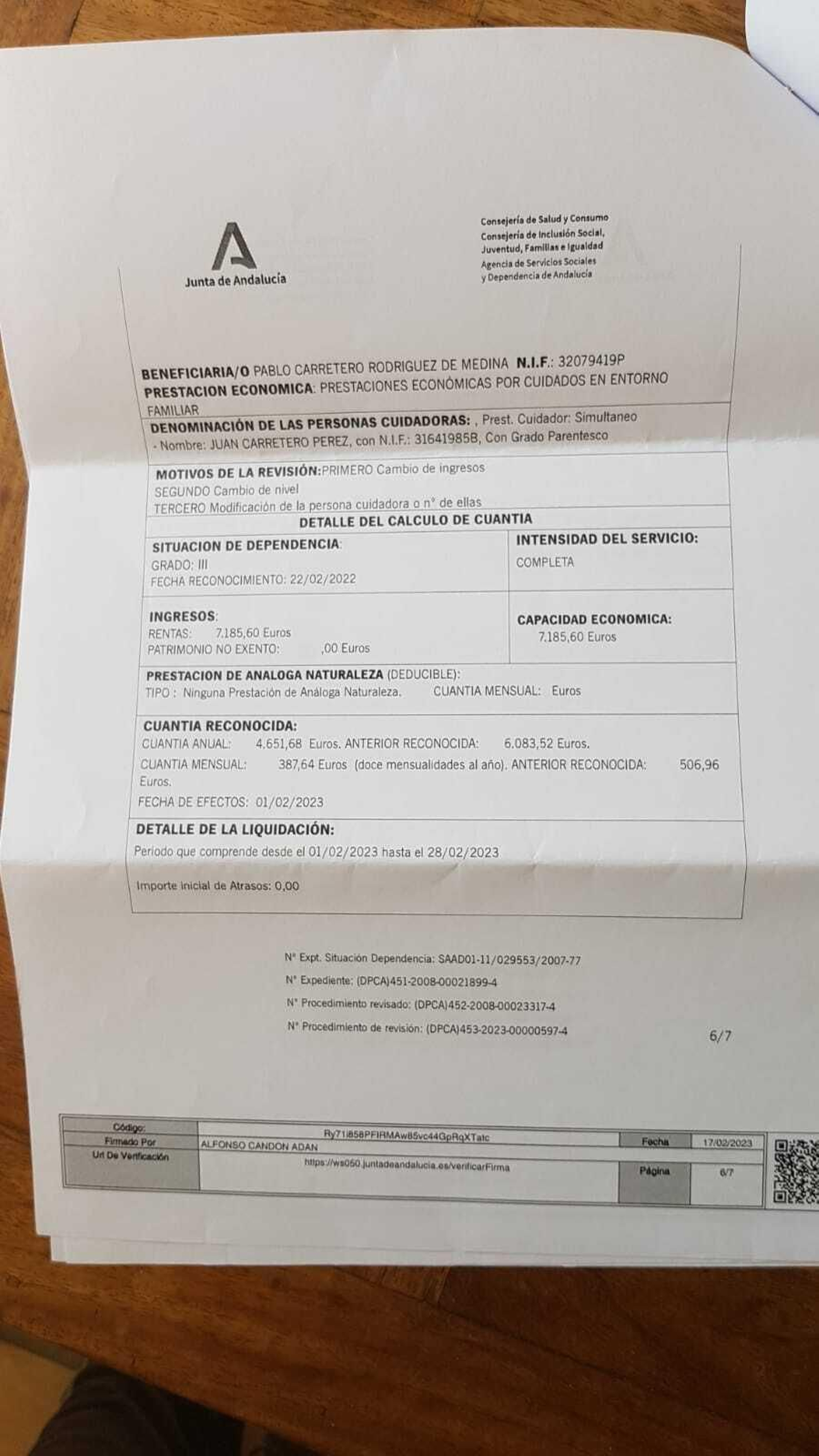 Fragmento de la carta que informó del recorte de la ayuda a la dependencia.