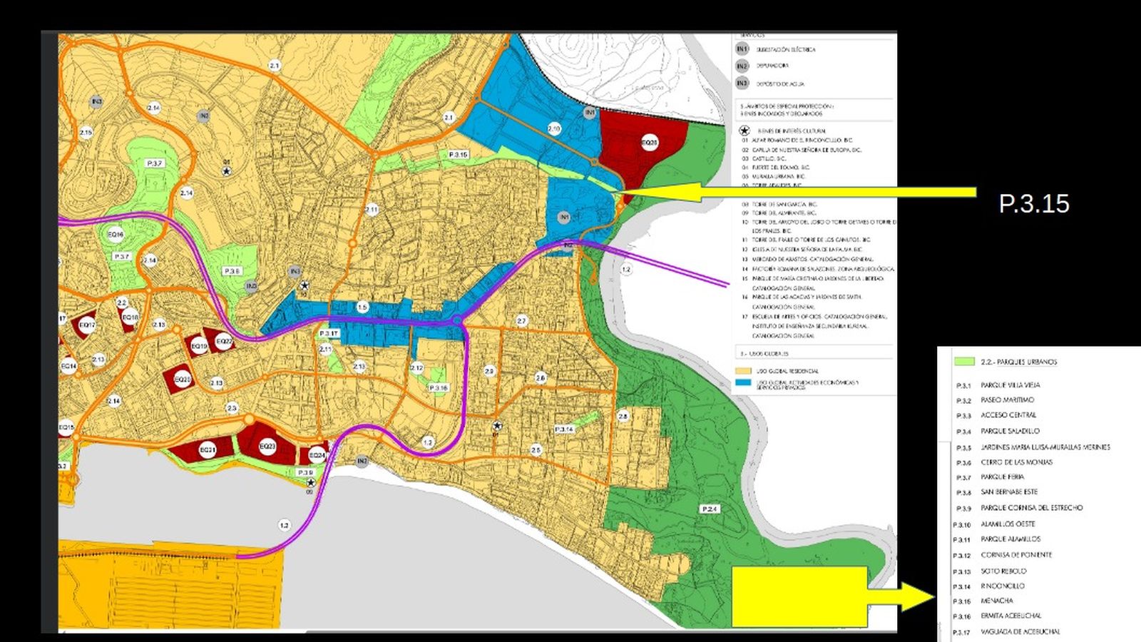 En verde claro, la localización de la parcela del parque de La Menacha.